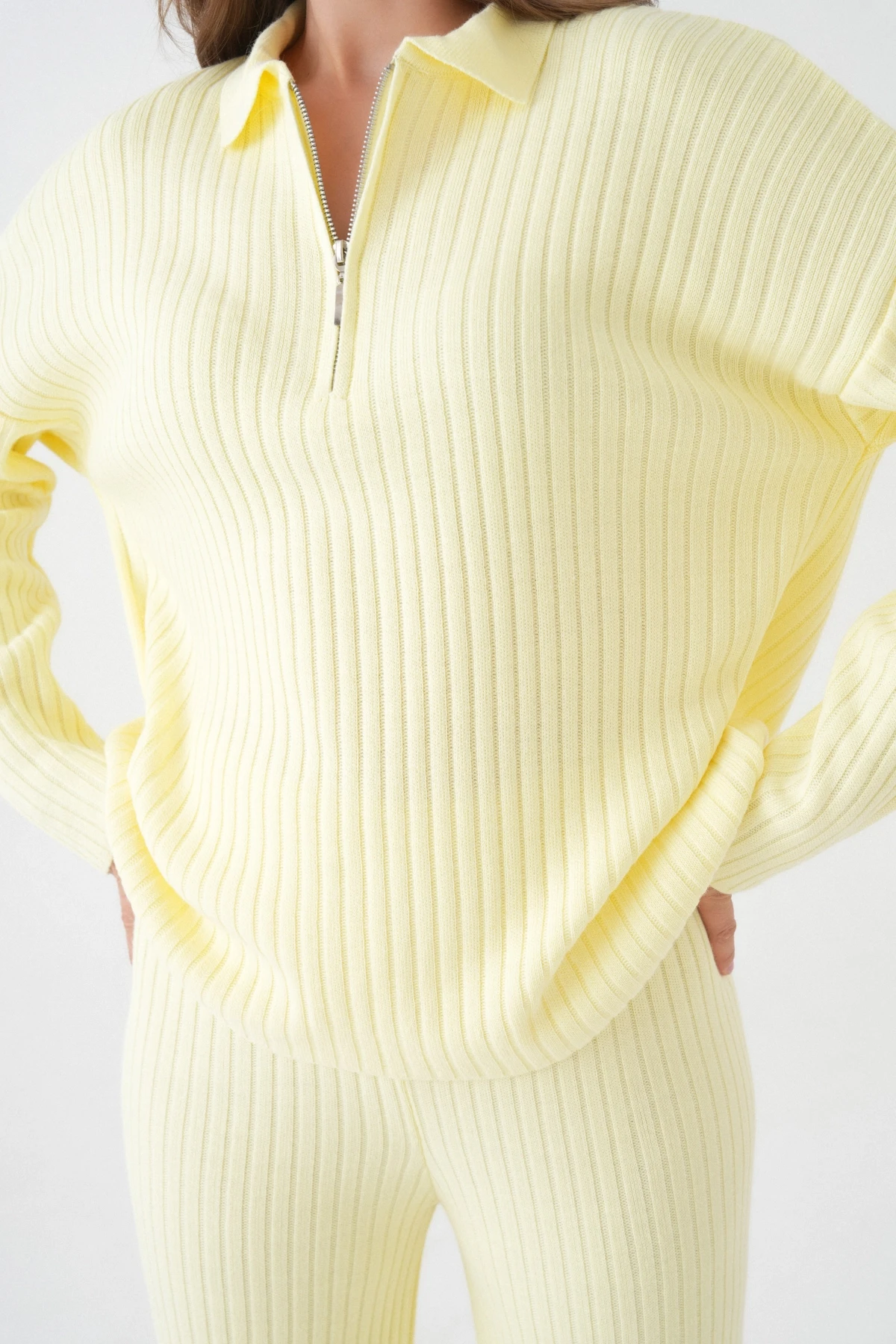 Kadın Polo Yaka Oversize Kazak Pantolon Triko Alt-Üst Takım