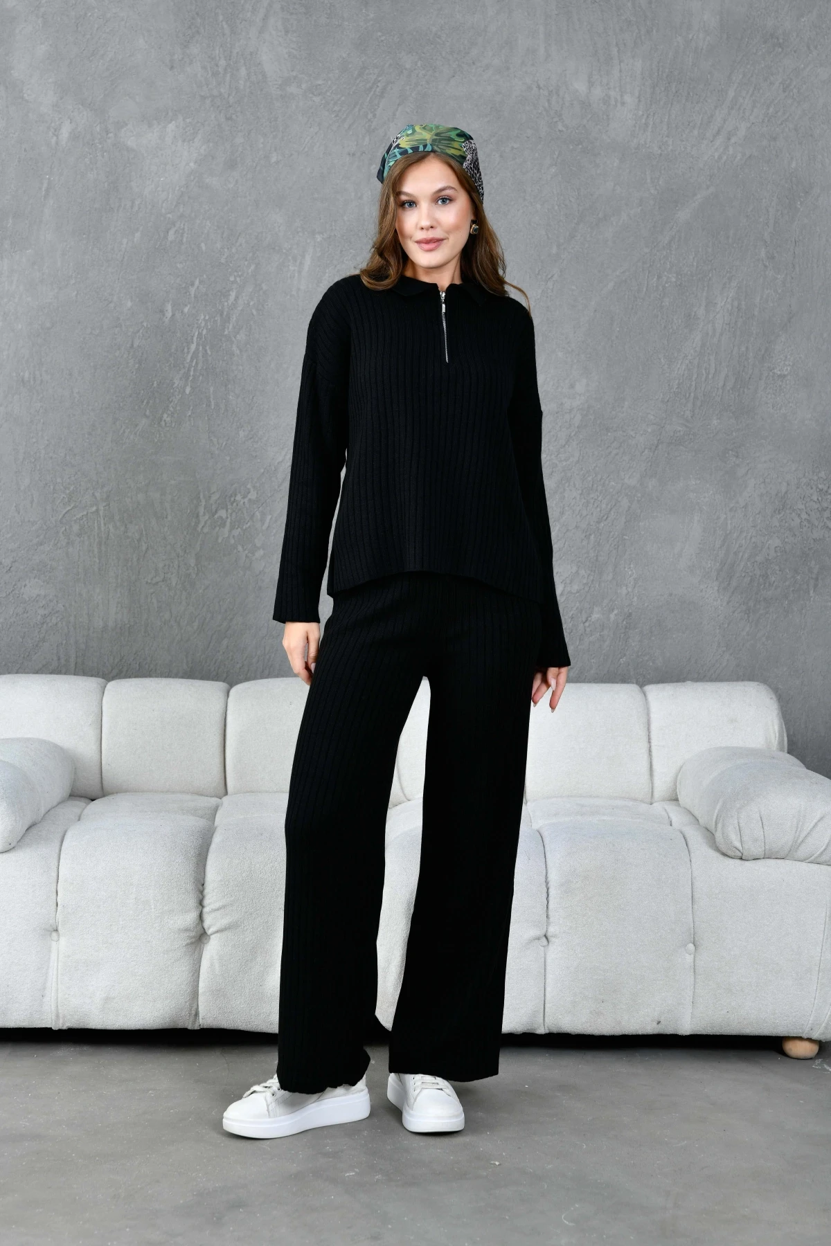 Kadın Polo Yaka Oversize Kazak Pantolon Triko Alt-Üst Takım