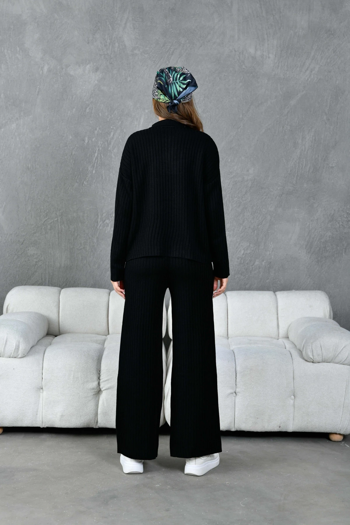 Kadın Polo Yaka Oversize Kazak Pantolon Triko Alt-Üst Takım