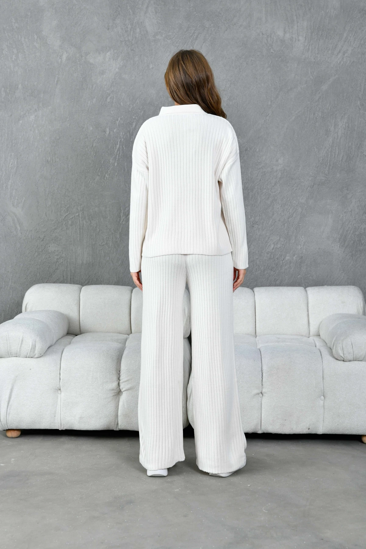 Kadın Polo Yaka Oversize Kazak Pantolon Triko Alt-Üst Takım