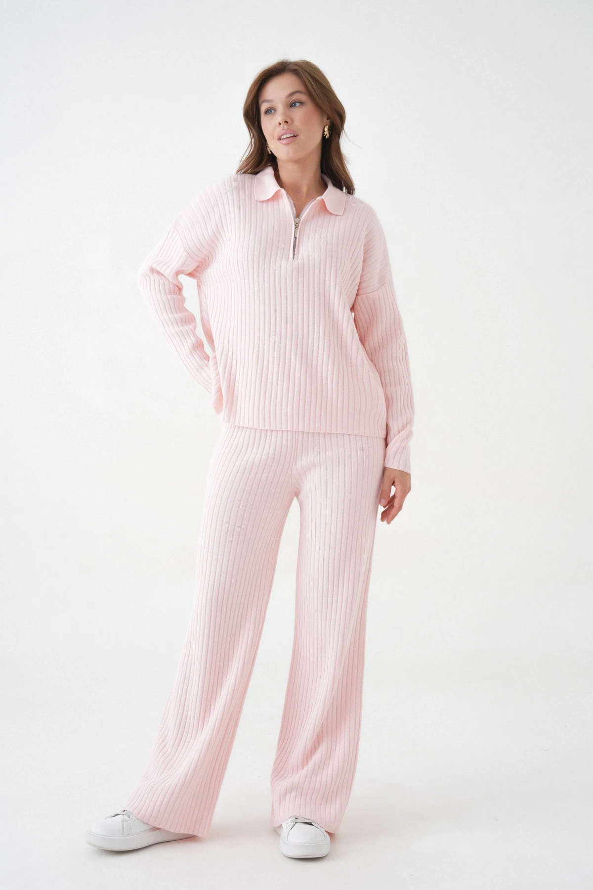 Kadın Polo Yaka Oversize Kazak Pantolon Triko Alt-Üst Takım