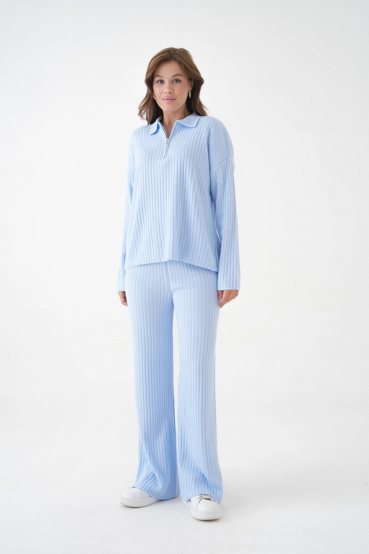 Kadın Polo Yaka Oversize Kazak Pantolon Triko Alt-Üst Takım