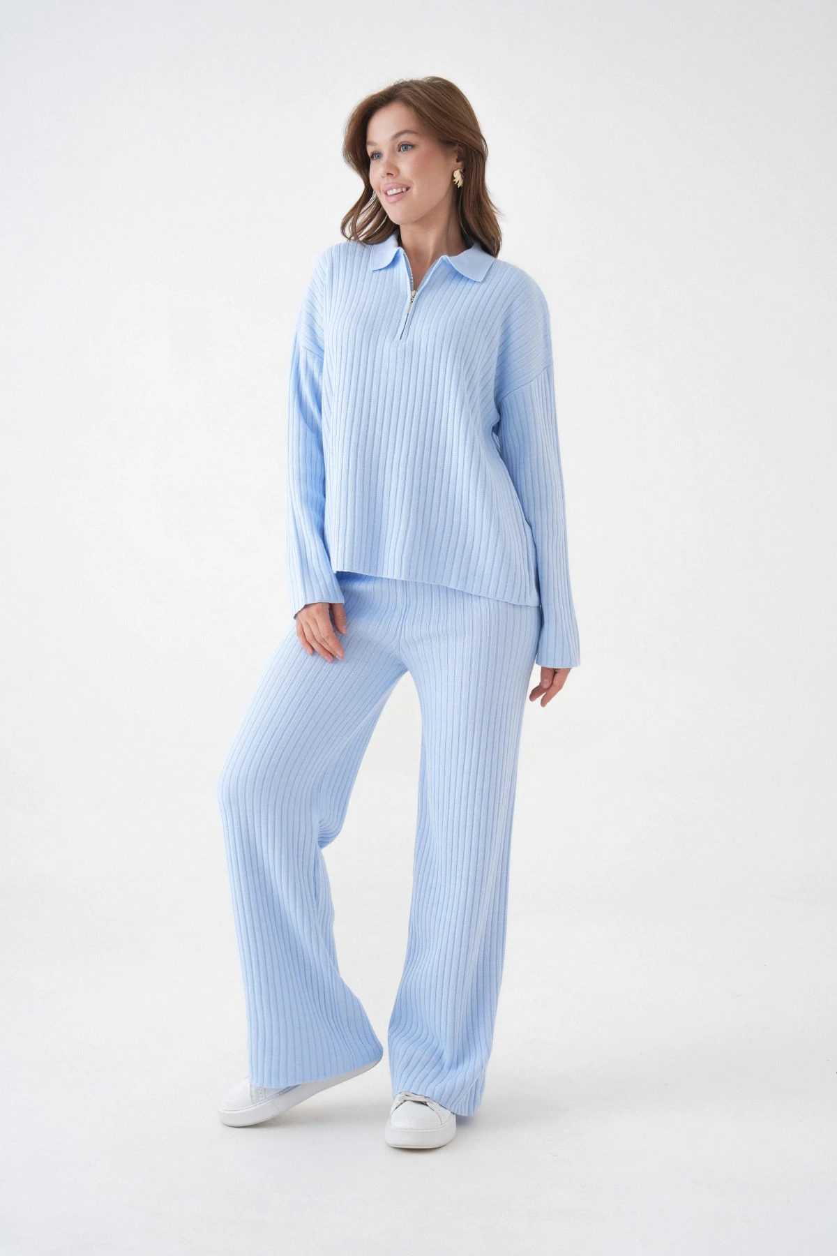 Kadın Polo Yaka Oversize Kazak Pantolon Triko Alt-Üst Takım