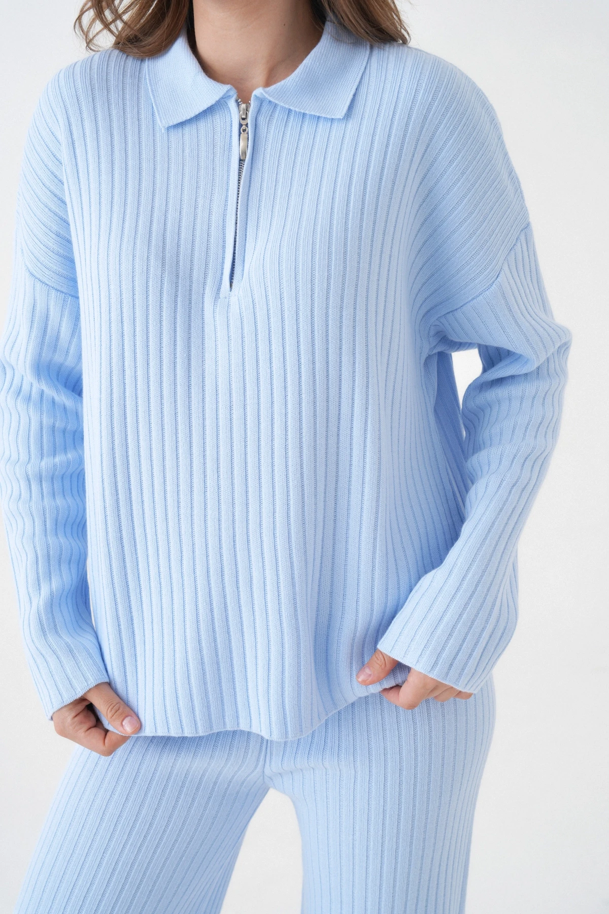 Kadın Polo Yaka Oversize Kazak Pantolon Triko Alt-Üst Takım