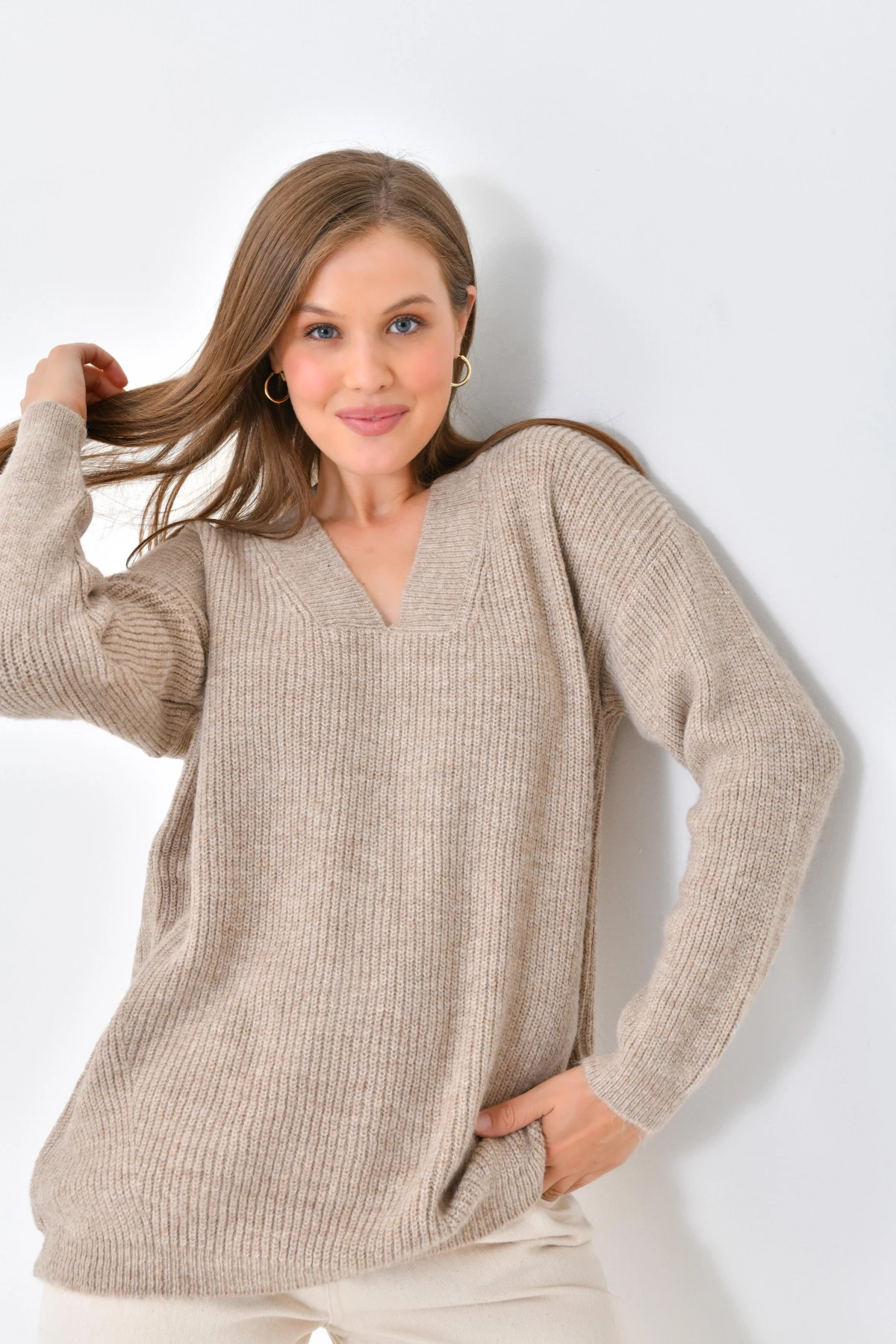 Kadın V Yaka Fitilli Triko Kazak 217074Sw