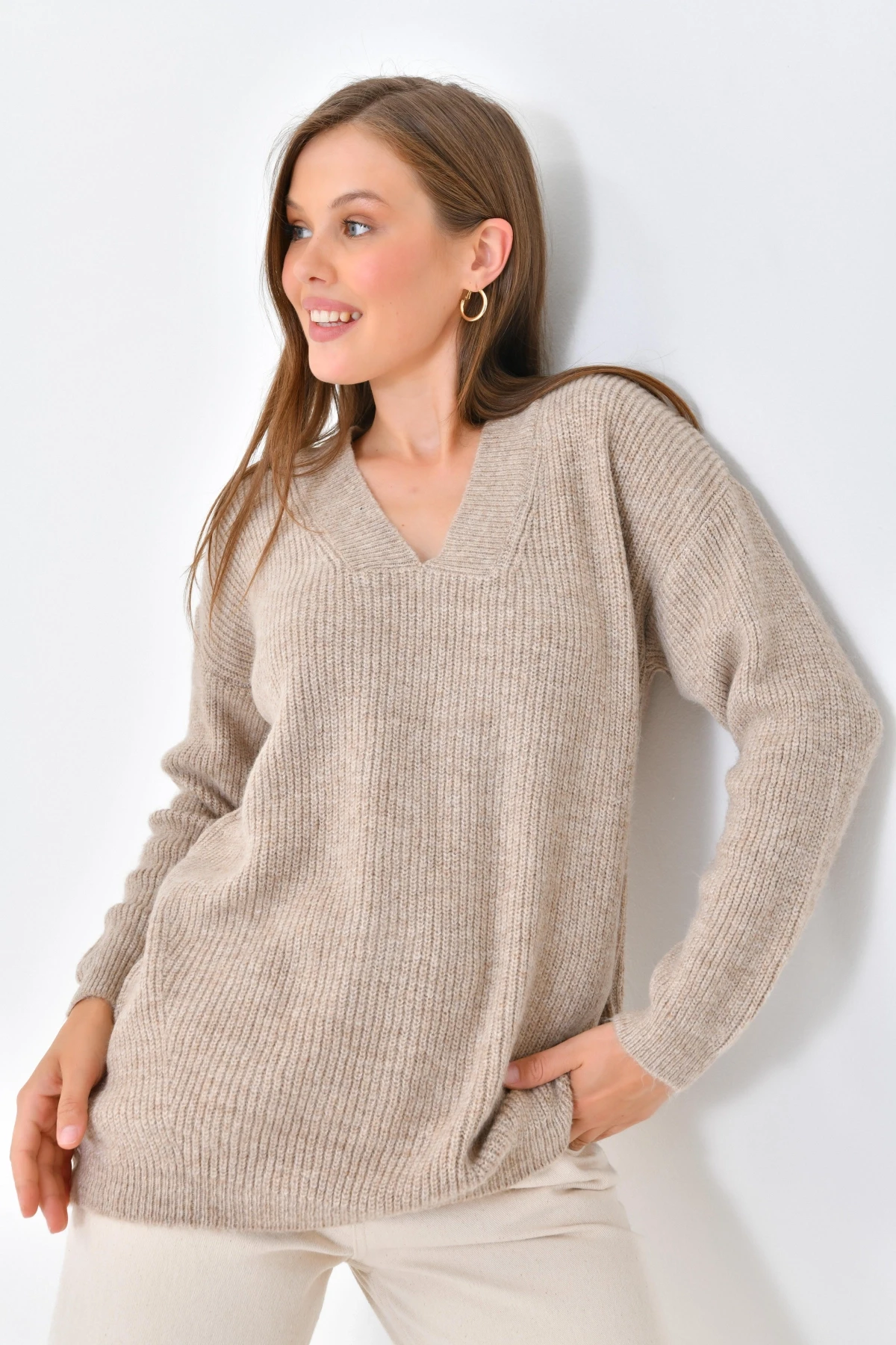 Kadın V Yaka Fitilli Triko Kazak 217074Sw