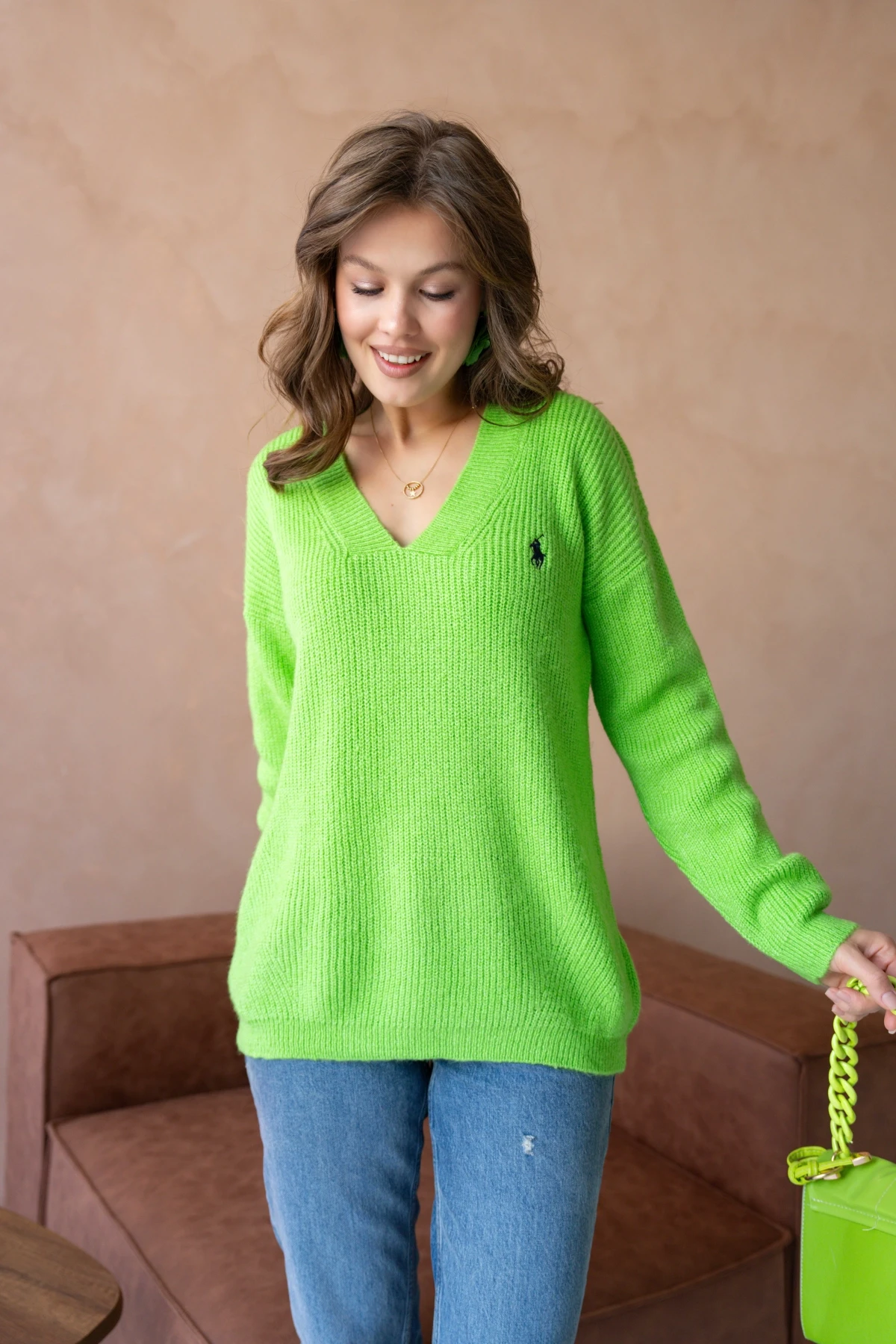 Kadın V Yaka Fitilli Triko Kazak 217074Sw