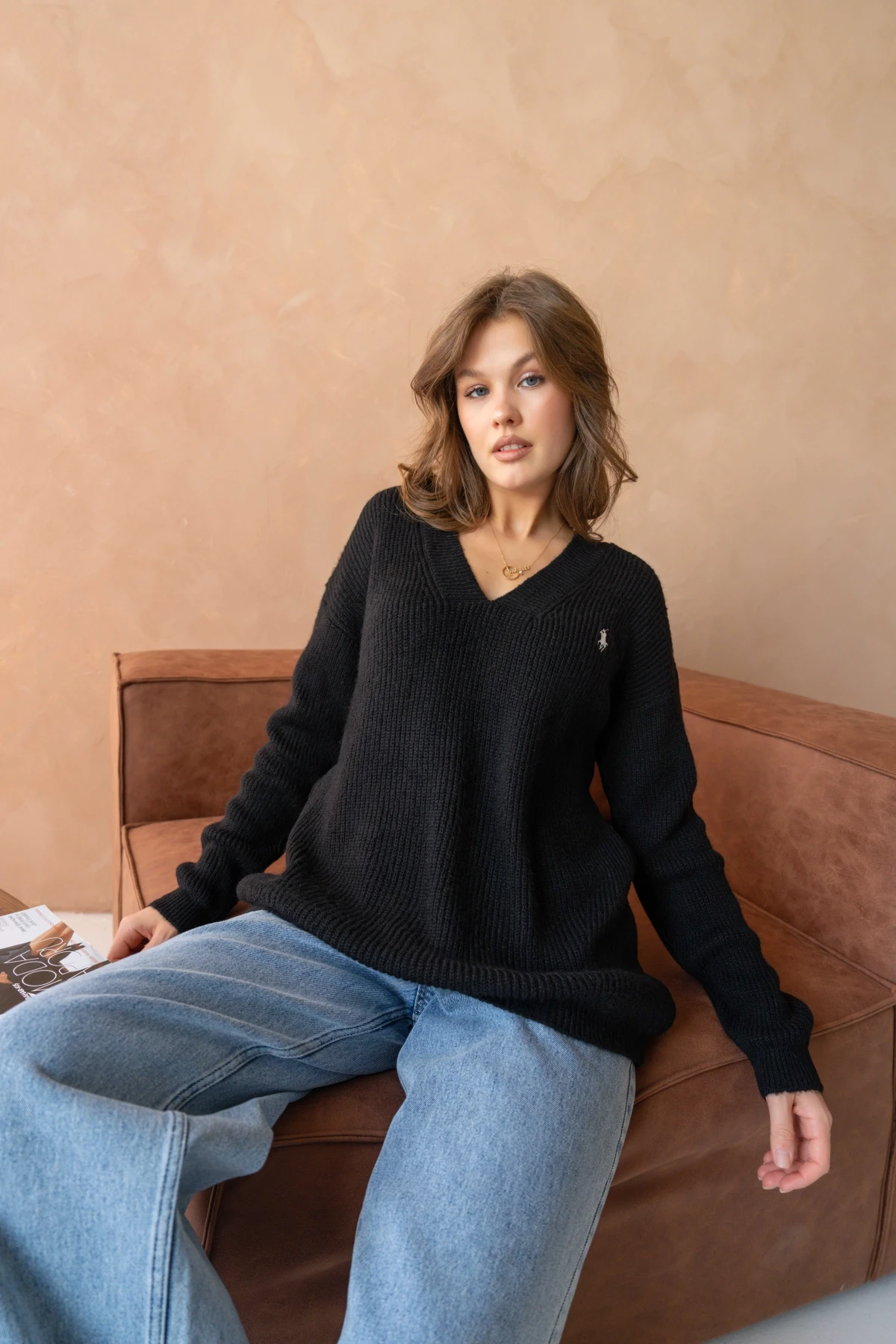 Kadın V Yaka Fitilli Triko Kazak 217074Sw