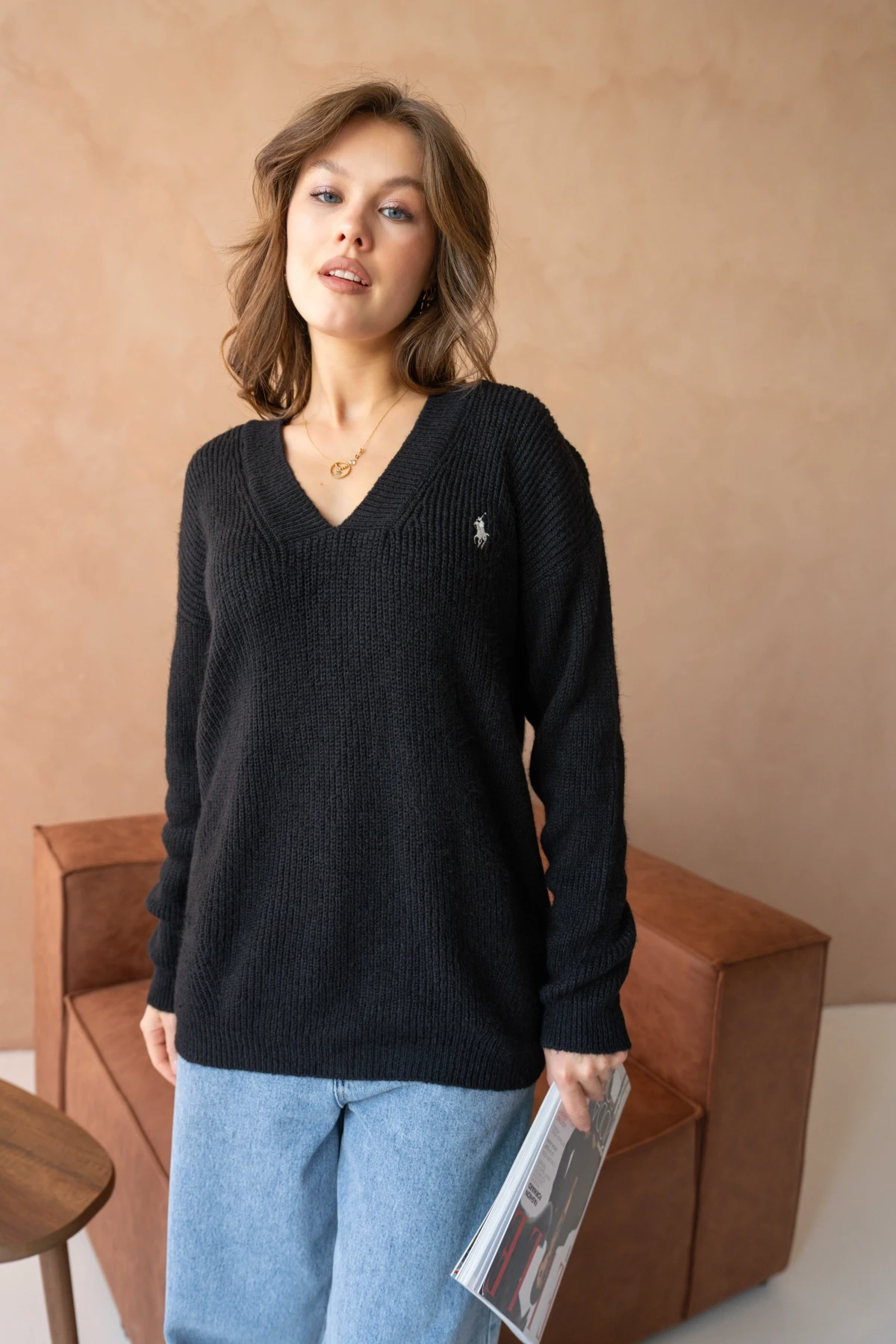 Kadın V Yaka Fitilli Triko Kazak 217074Sw