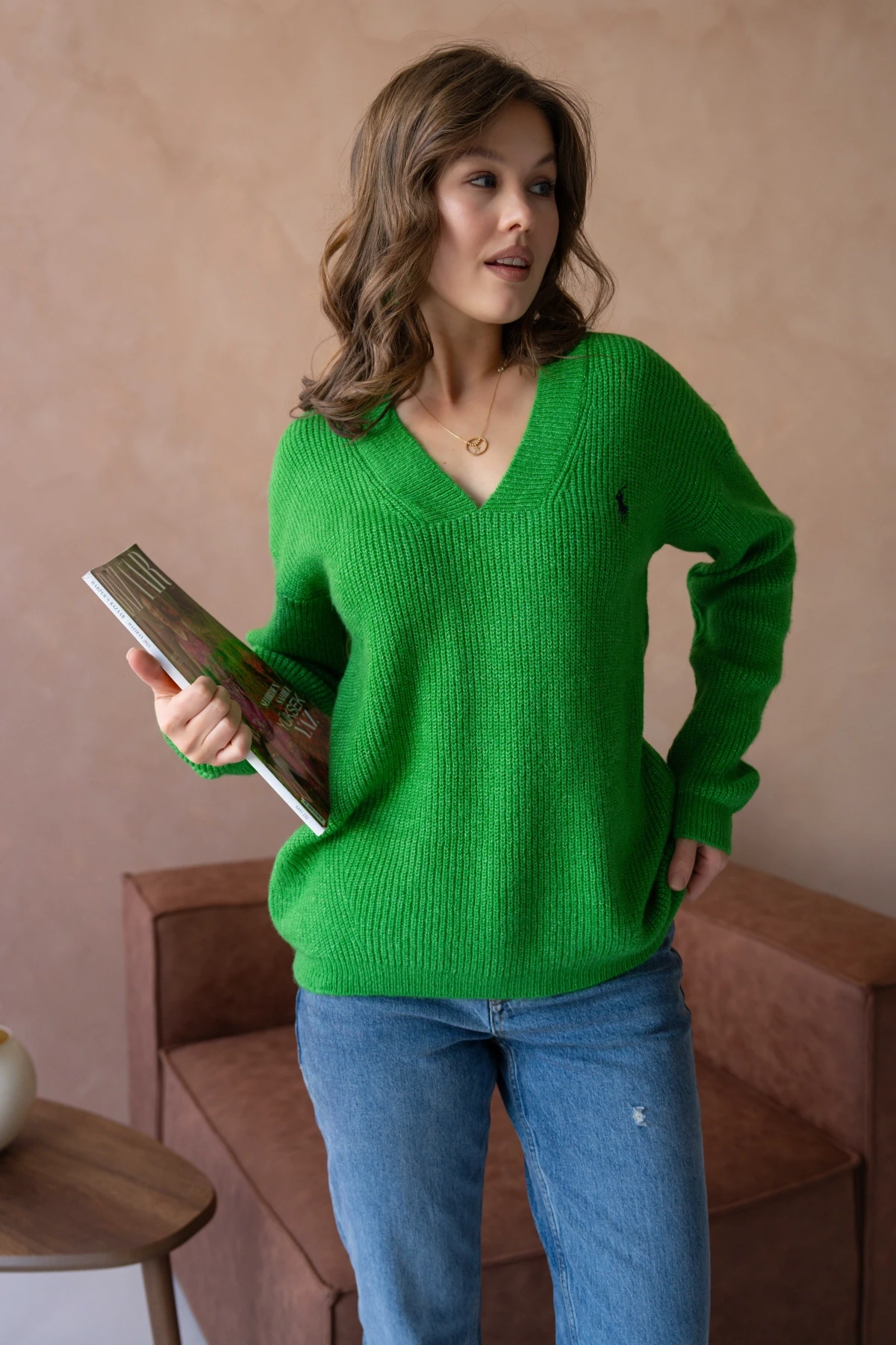 Kadın V Yaka Fitilli Triko Kazak 217074Sw