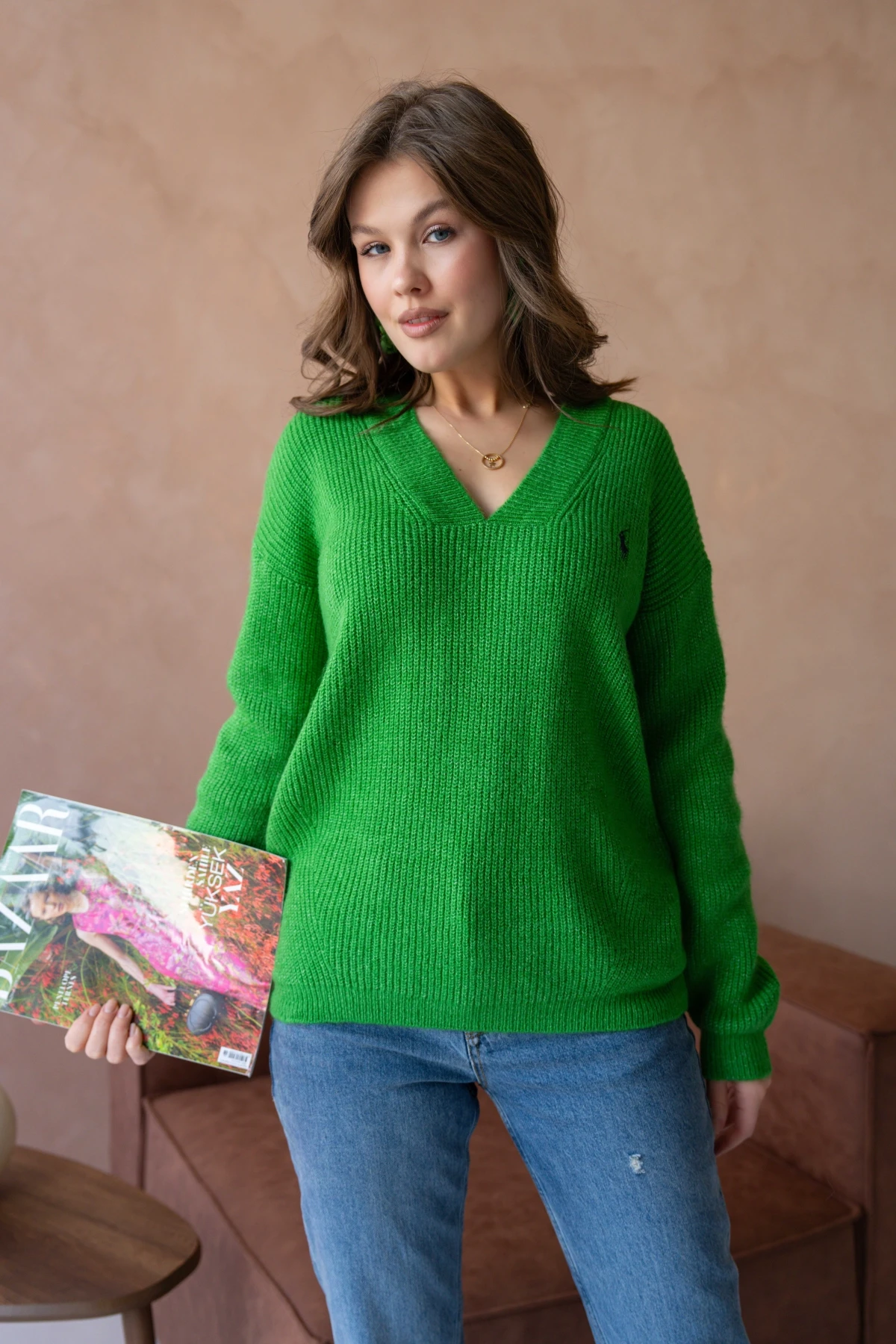 Kadın V Yaka Fitilli Triko Kazak 217074Sw