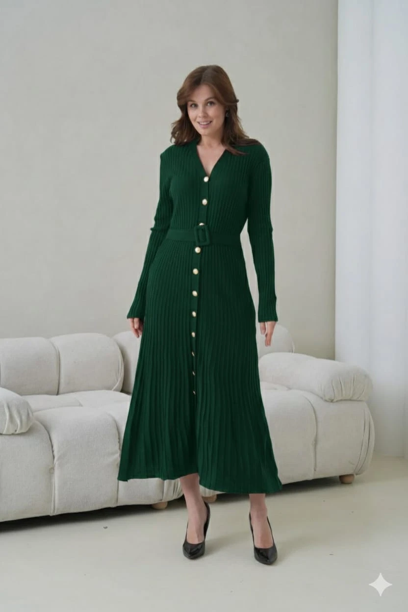 Kadın V Yaka Ful Düğme Kapama Kemer Detay Maksi Boy Fitilli Triko Elbise