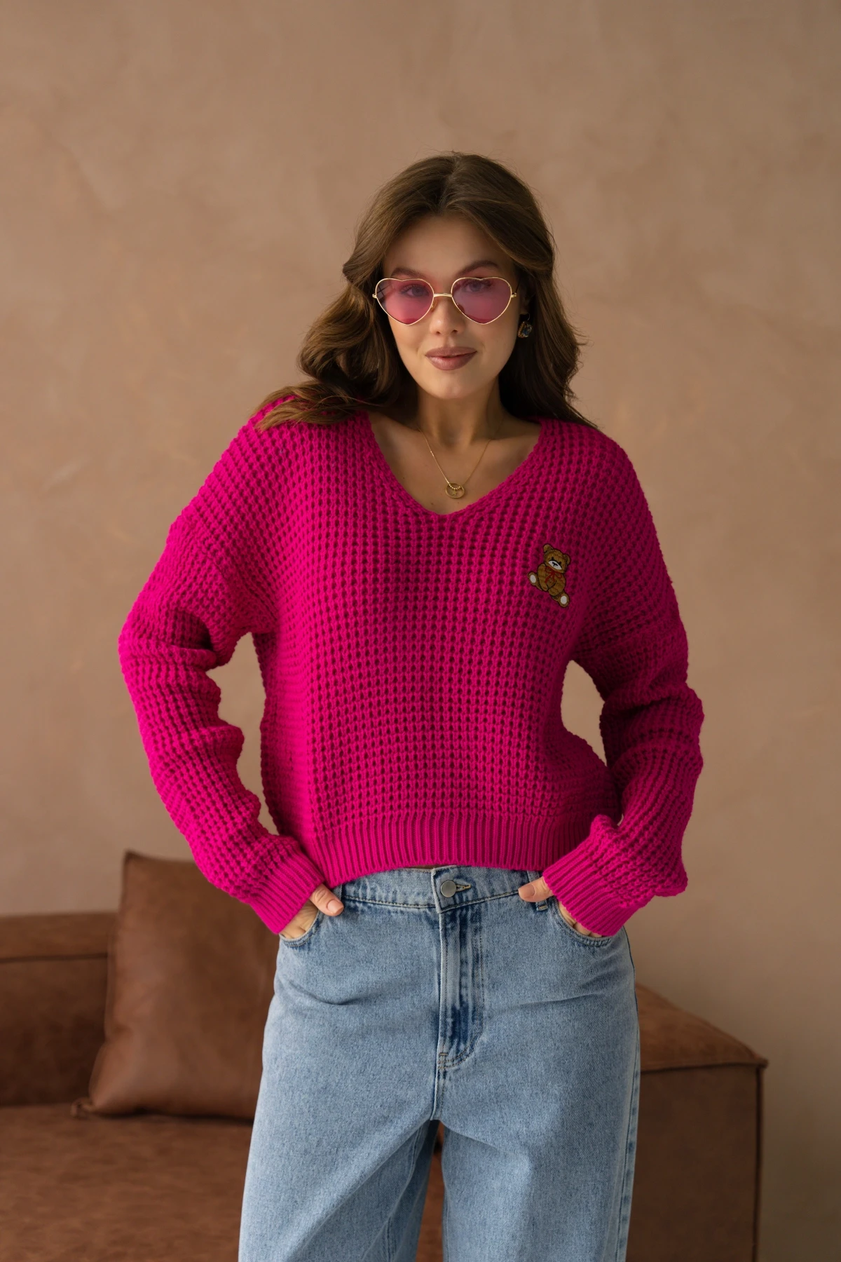 Kadın V Yaka Nakış Detay Ajurlu Triko Kazak 225008