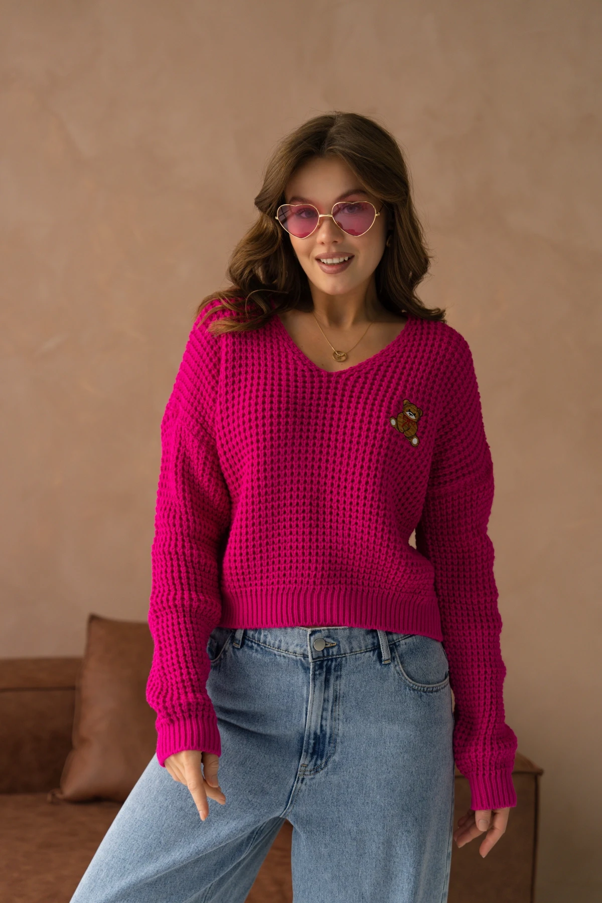 Kadın V Yaka Nakış Detay Ajurlu Triko Kazak 225008