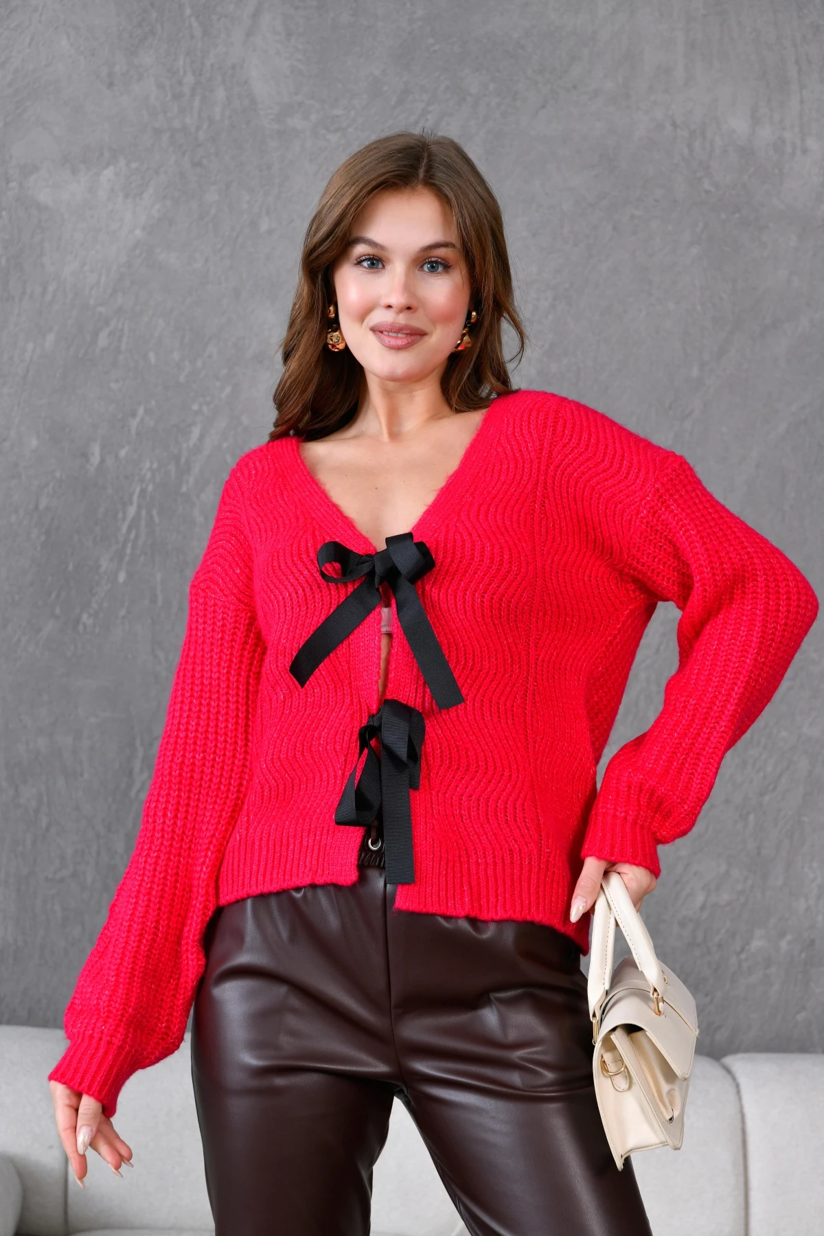 Kadın V Yaka Örgü Detay Fiyonklu Triko Ceket 217019Sw