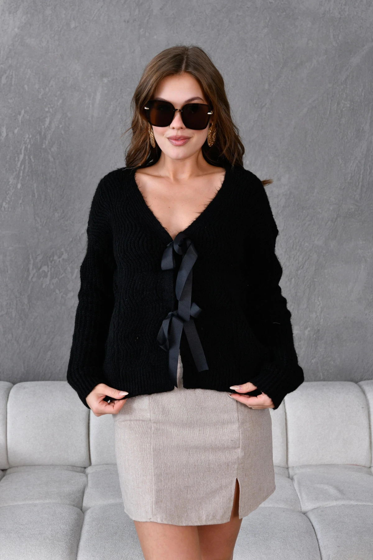 Kadın V Yaka Örgü Detay Fiyonklu Triko Ceket 217019Sw