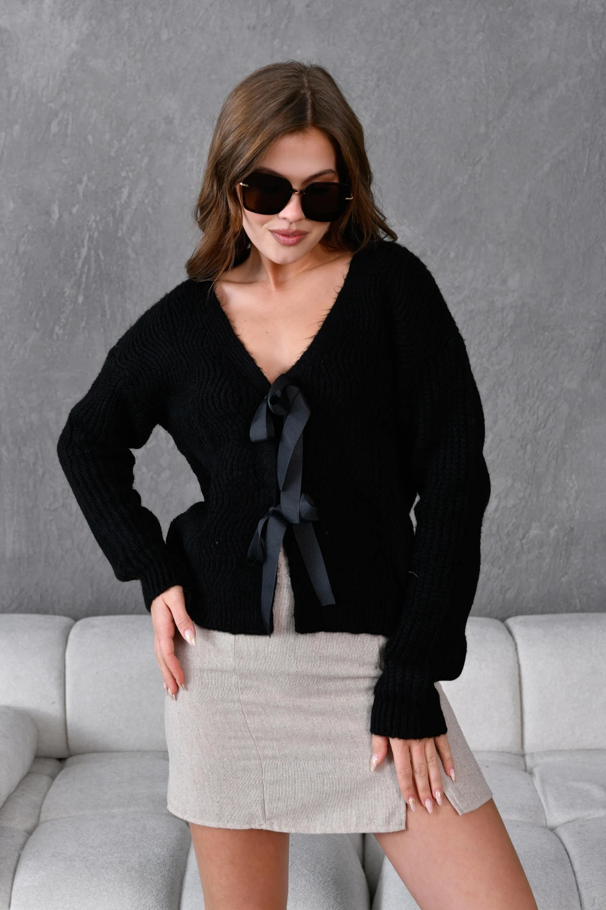 Kadın V Yaka Örgü Detay Fiyonklu Triko Ceket 217019Sw