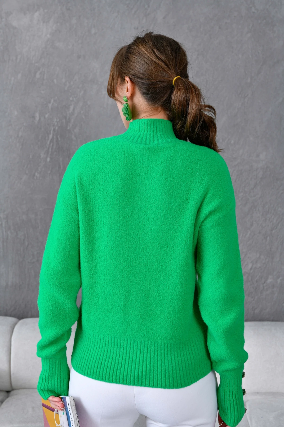 Kadın Yarım Balıkçı Kolları Düğme Detay Şardonlu Triko Kazak 227070Sw