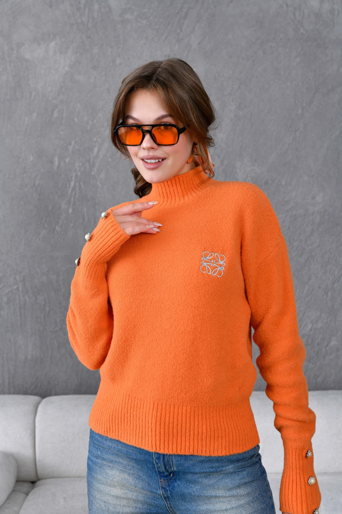 Kadın Yarım Balıkçı Kolları Düğme Detay Şardonlu Triko Kazak 227070Sw