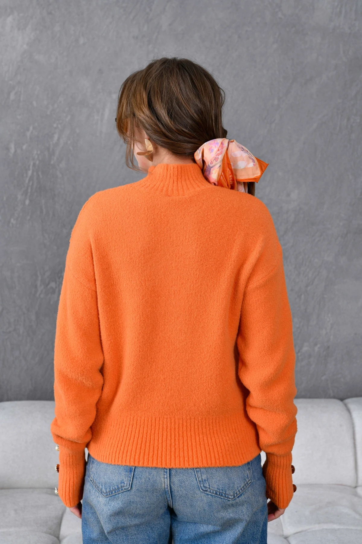 Kadın Yarım Balıkçı Kolları Düğme Detay Şardonlu Triko Kazak 227070Sw