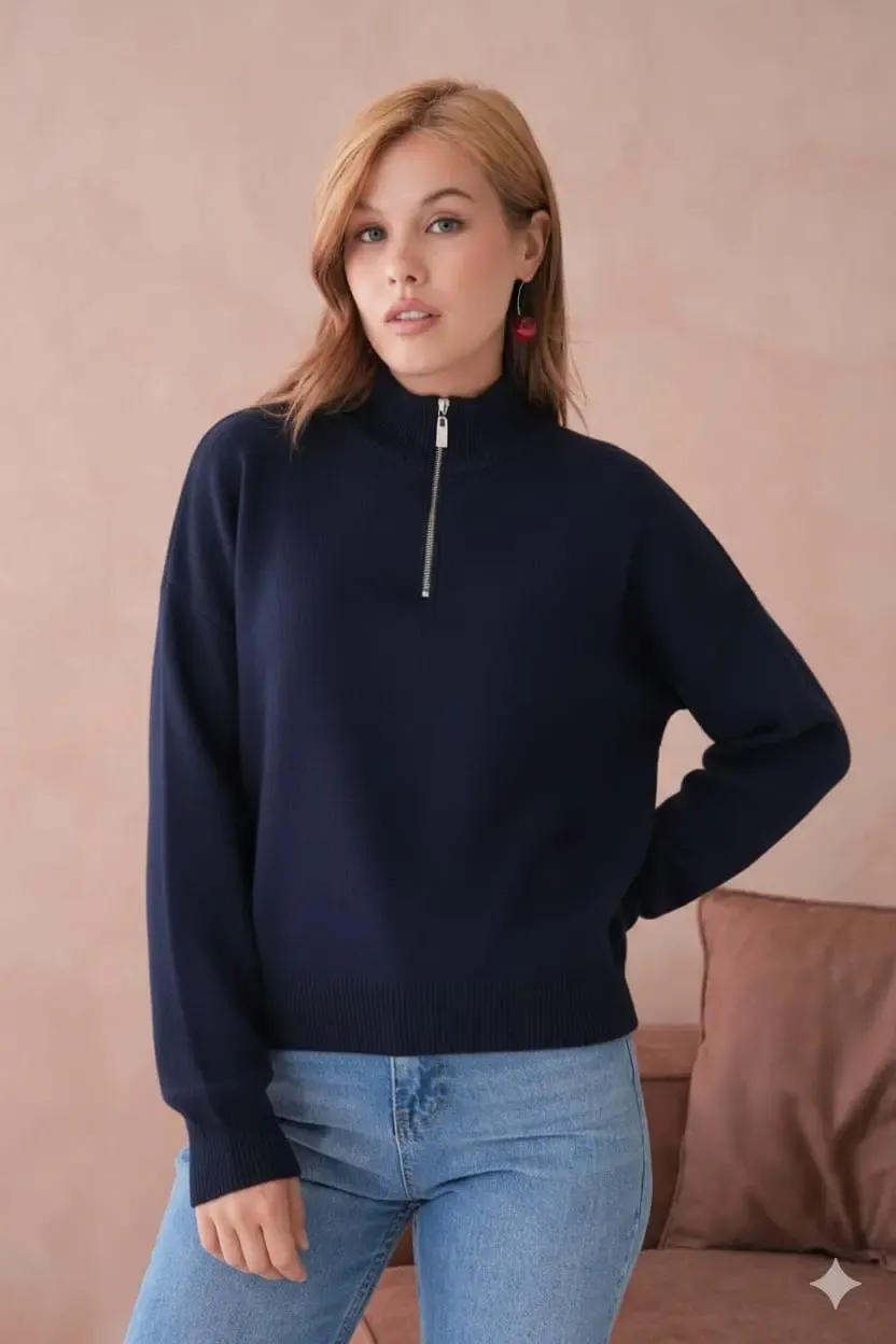 Kadın Yarım Balıkçı Yaka Fermuar Detay Oversize Triko Kazak