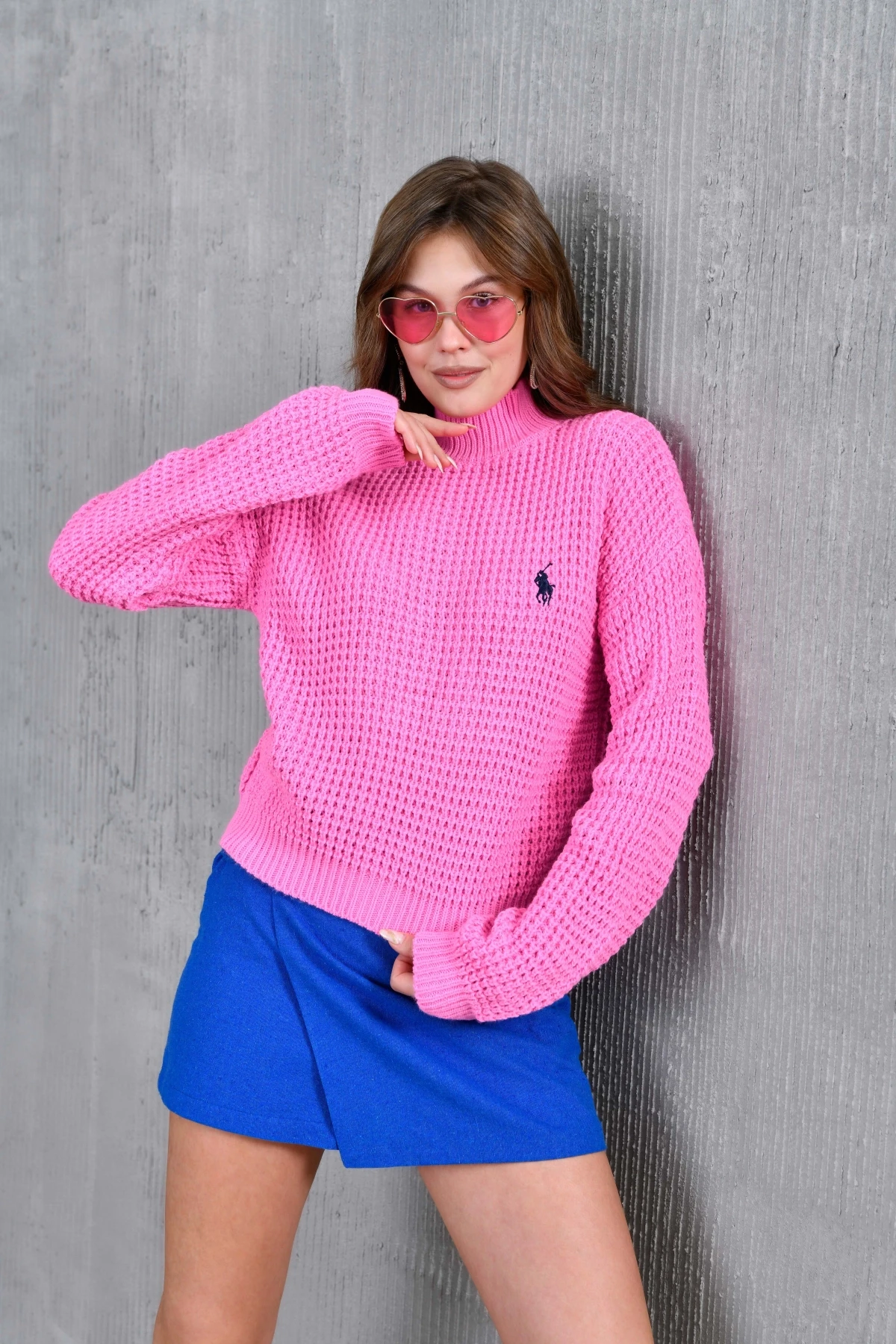 Kadın Yarım Balıkçı  Yaka Prinç Örgü Detay Dokulu Triko Kazak 225006