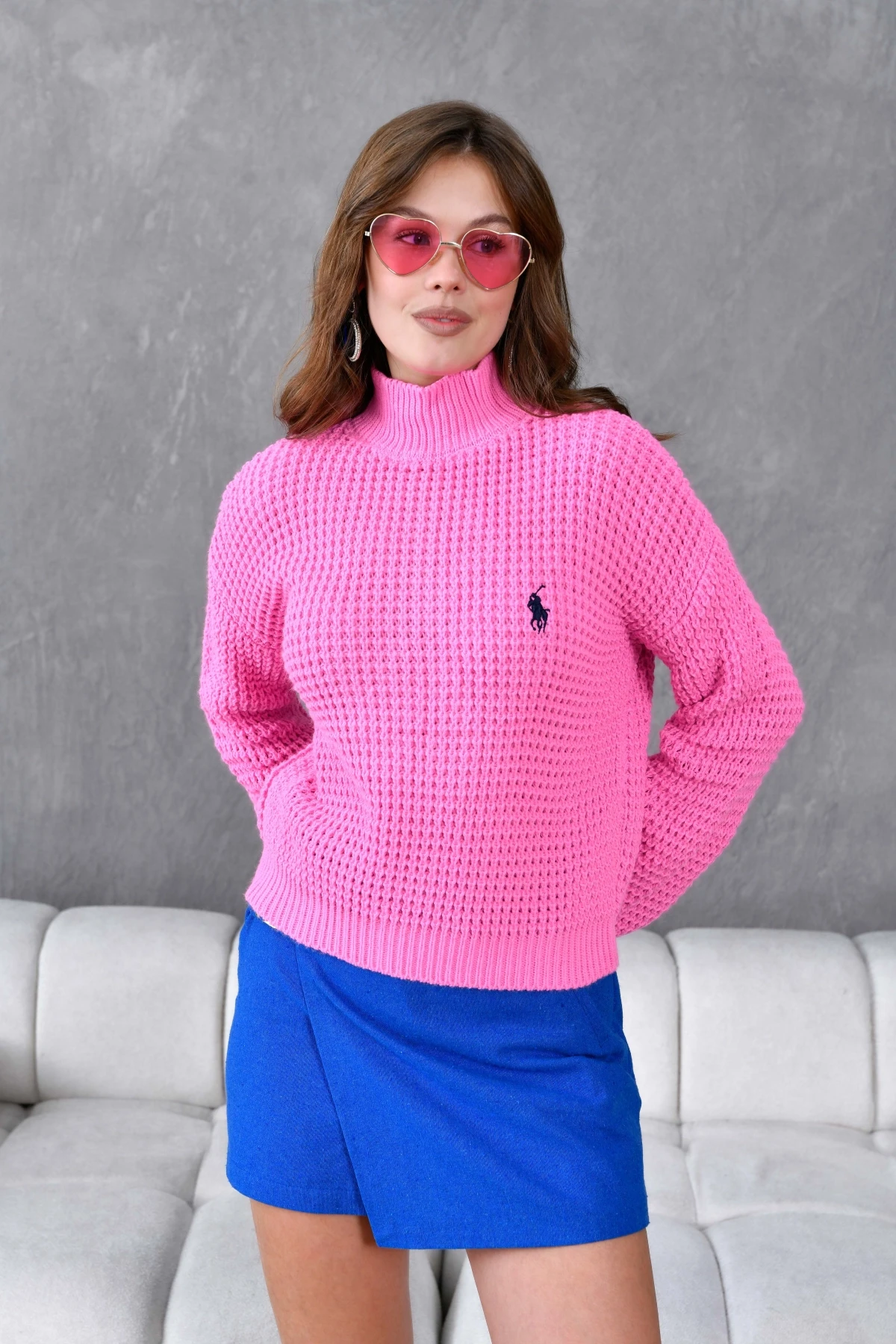 Kadın Yarım Balıkçı  Yaka Prinç Örgü Detay Dokulu Triko Kazak 225006