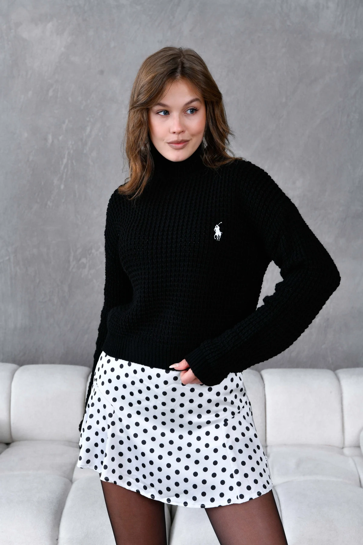 Kadın Yarım Balıkçı  Yaka Prinç Örgü Detay Dokulu Triko Kazak 225006