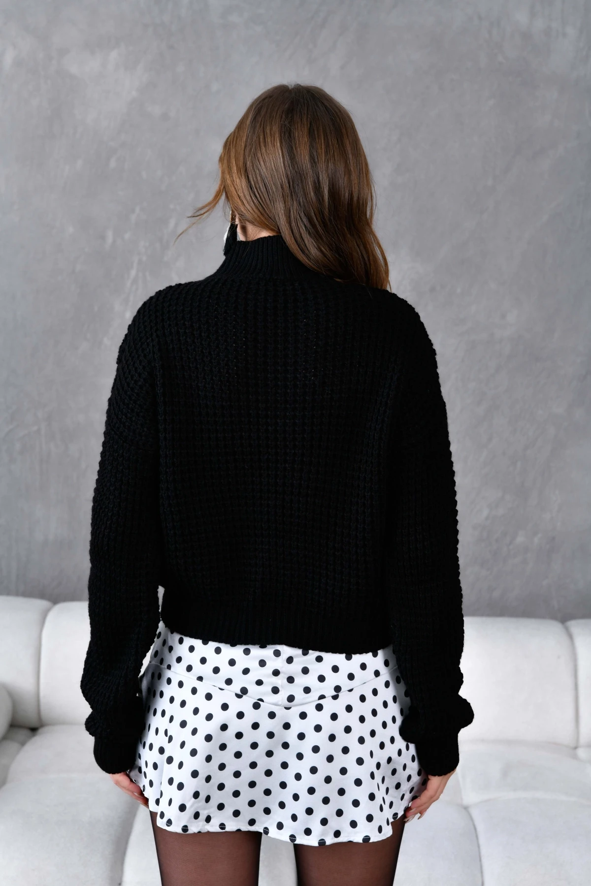 Kadın Yarım Balıkçı  Yaka Prinç Örgü Detay Dokulu Triko Kazak 225006