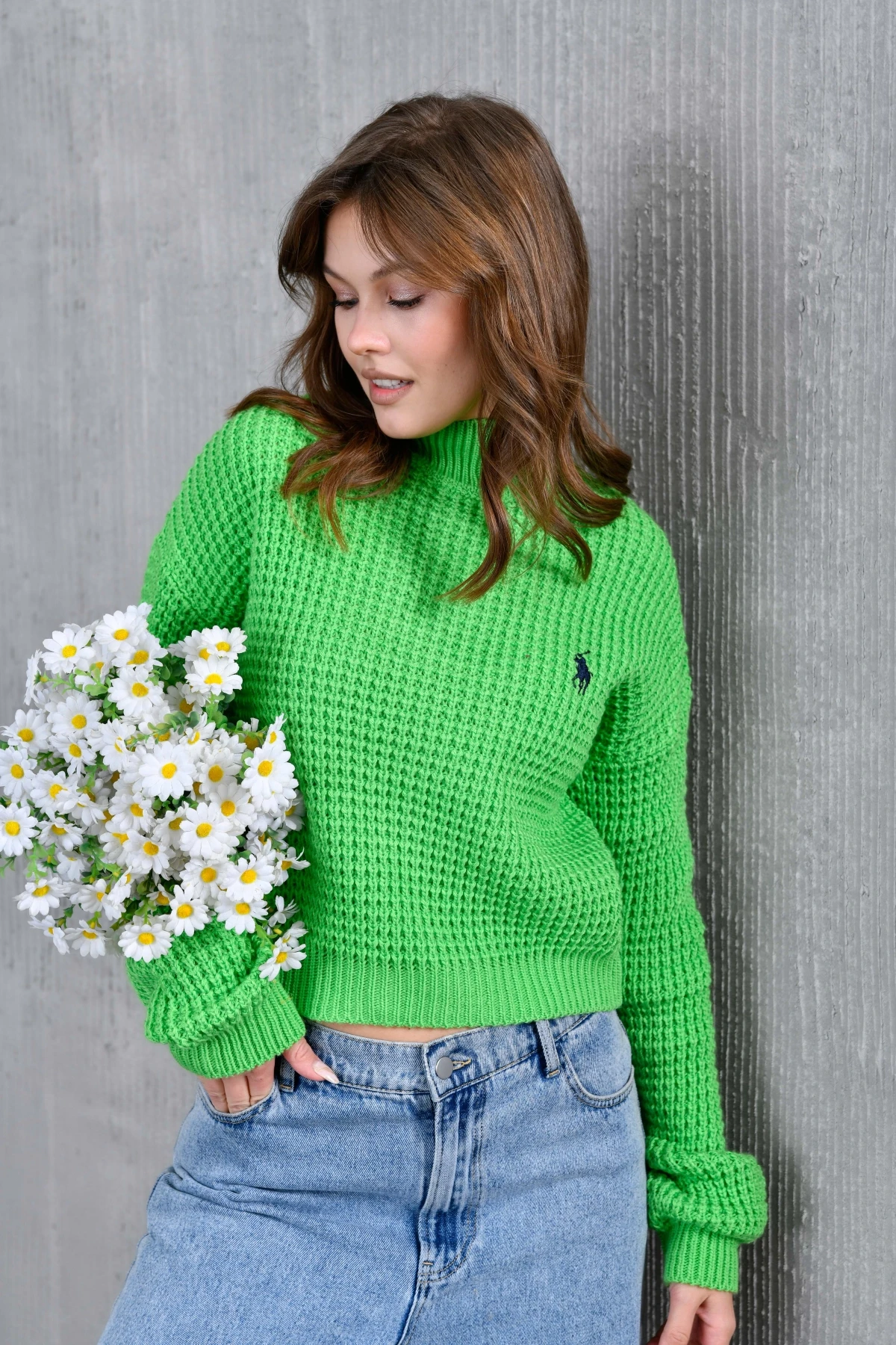 Kadın Yarım Balıkçı  Yaka Prinç Örgü Detay Dokulu Triko Kazak 225006