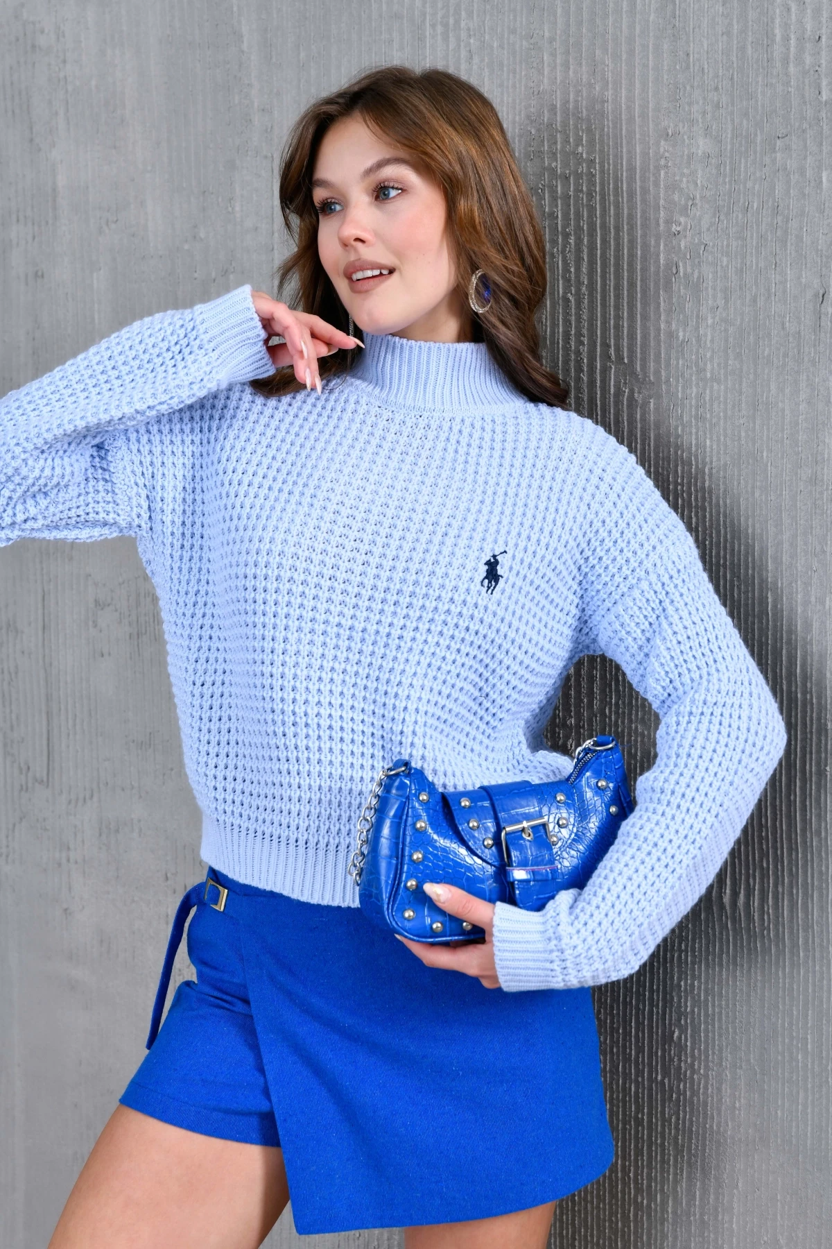 Kadın Yarım Balıkçı  Yaka Prinç Örgü Detay Dokulu Triko Kazak 225006