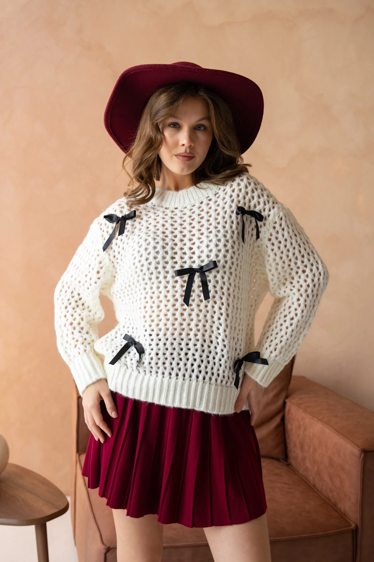 Kdın Bisiklet Yaka Ajurlu Fiyonk Detay Triko Kazak