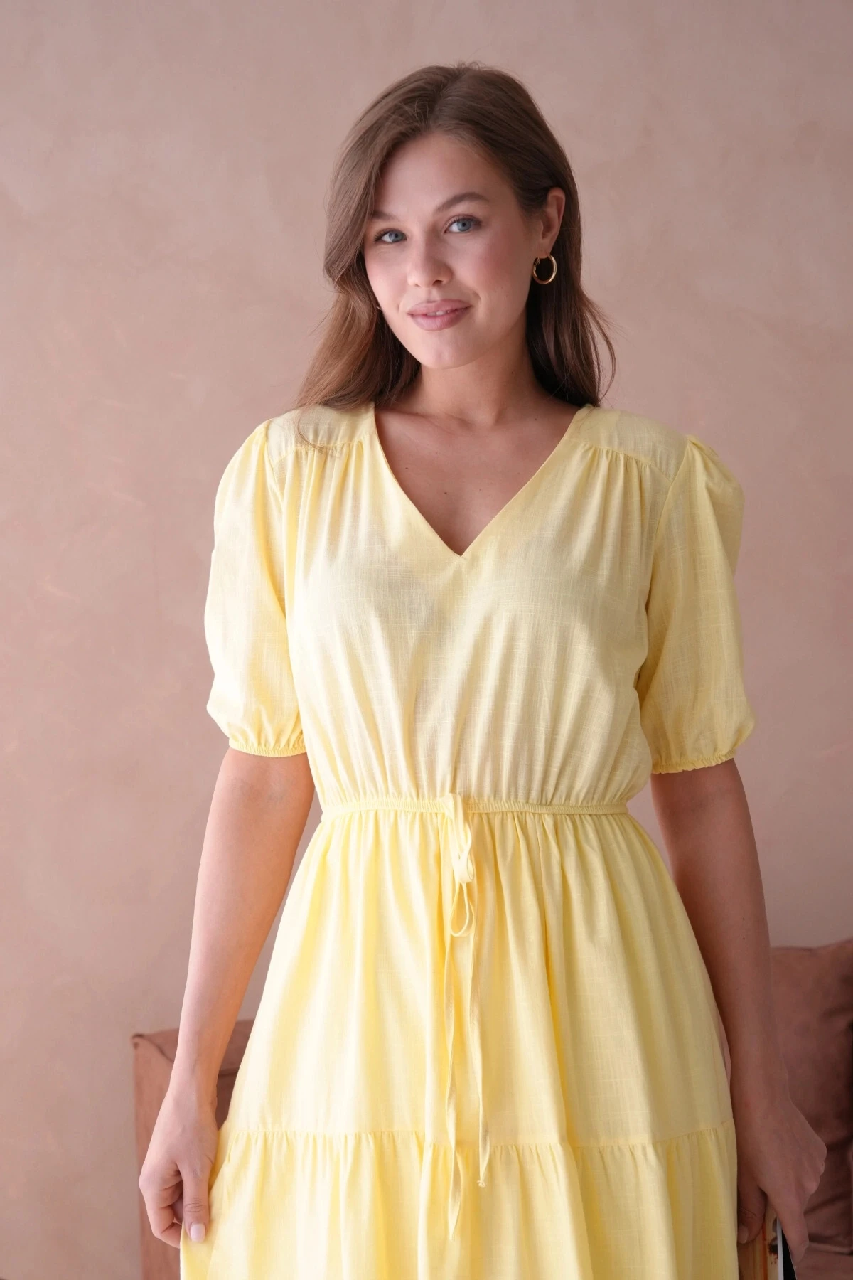 Sarı Kısa Kol Lastikli Yazlık Elbise