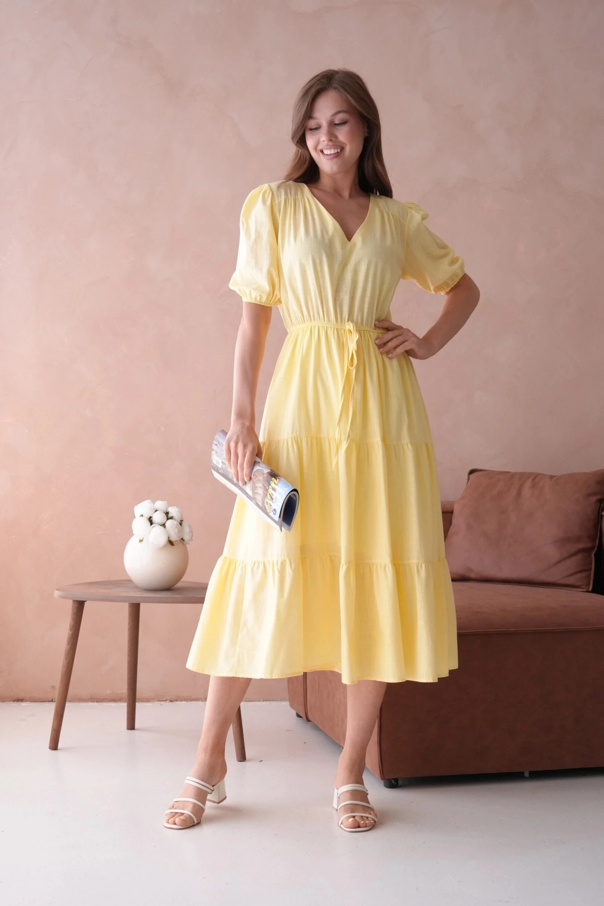 Sarı Kısa Kol Lastikli Yazlık Elbise