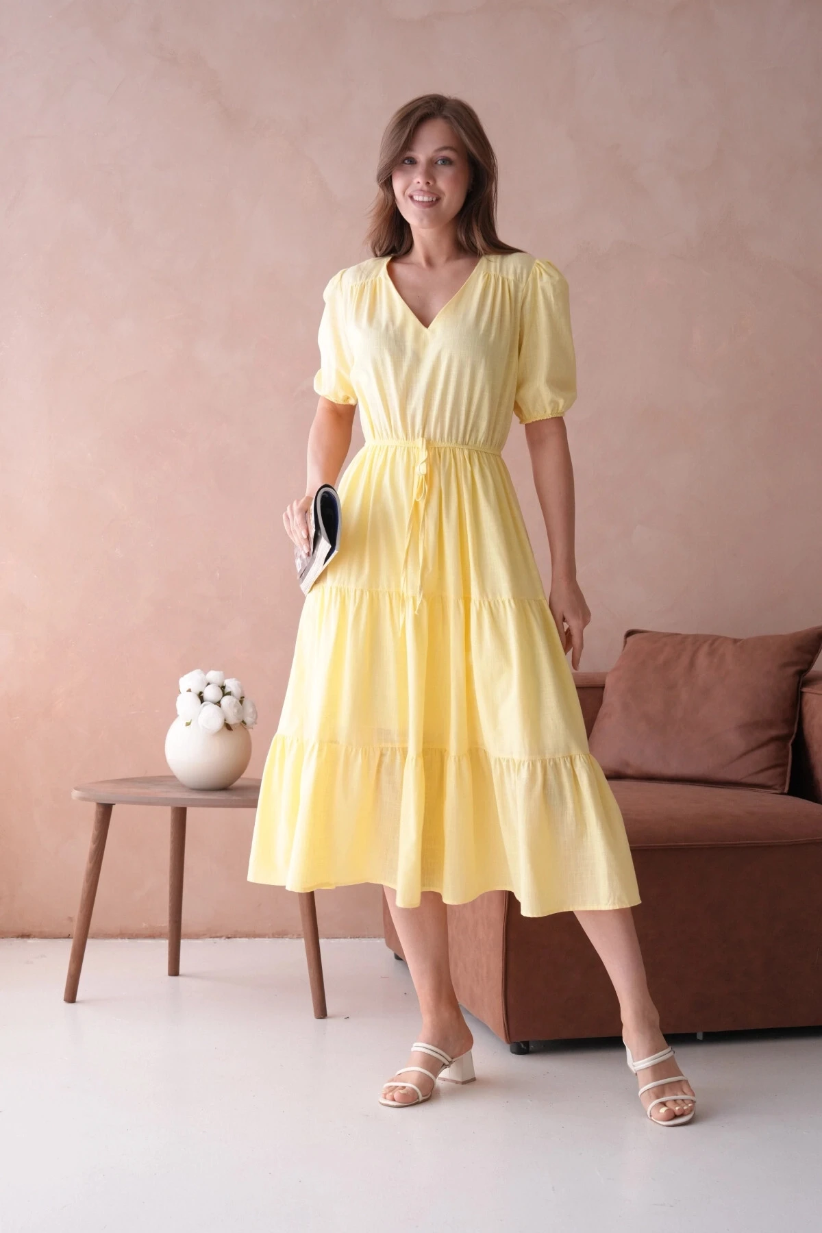 Sarı Kısa Kol Lastikli Yazlık Elbise