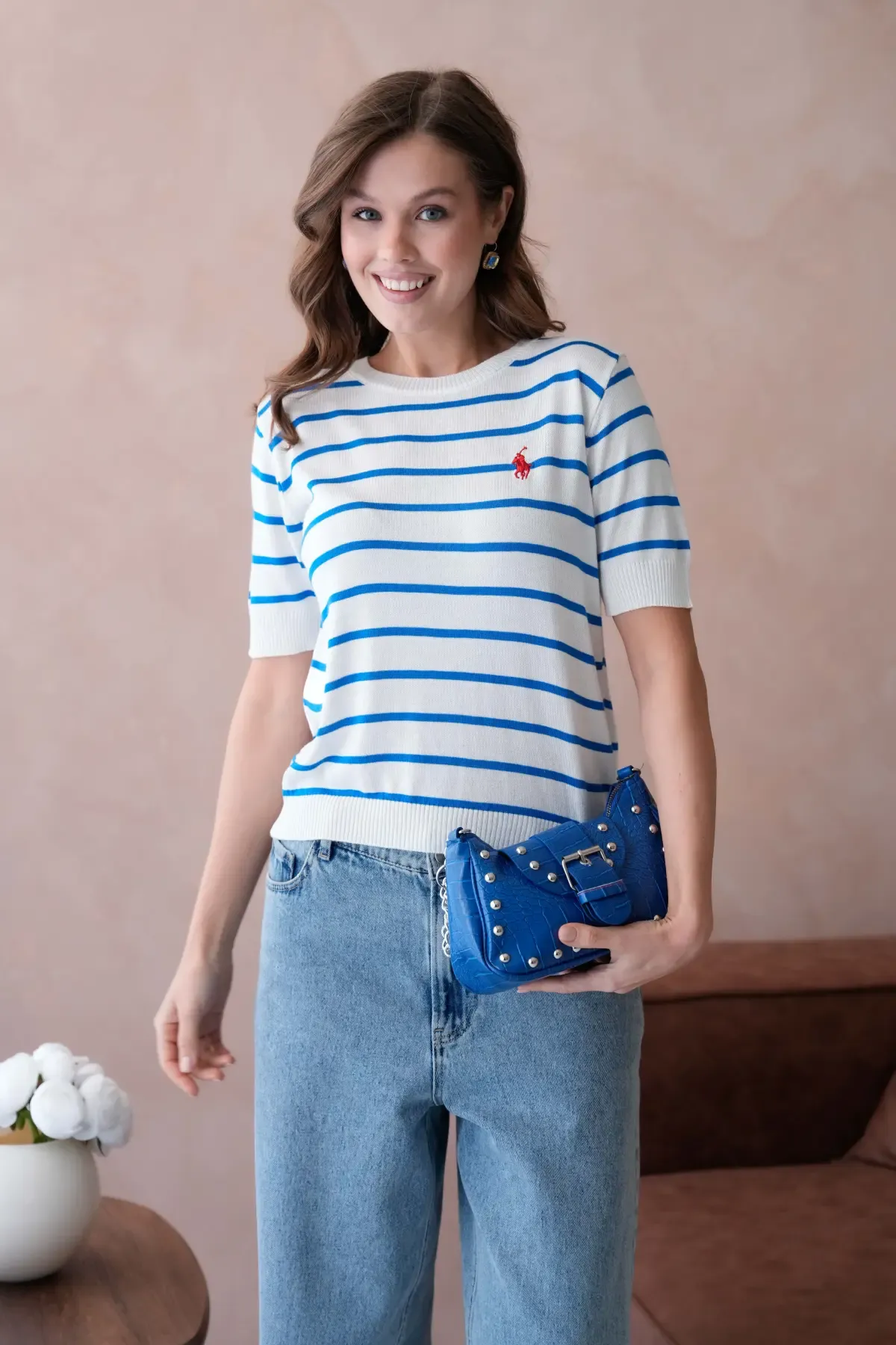 Kadın Bisiklet Yaka Çizgili Triko Kazak 10187.Vsc