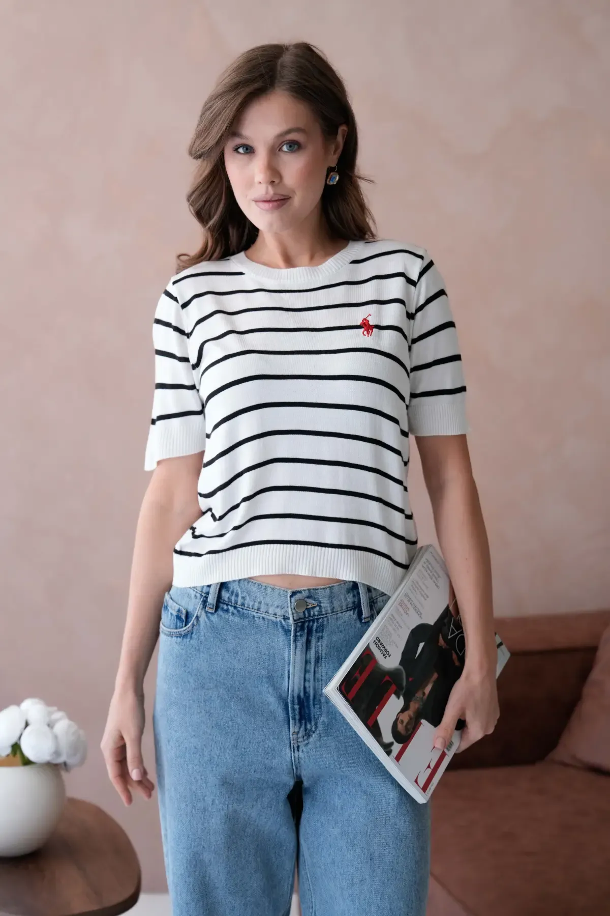 Kadın Bisiklet Yaka Çizgili Triko Kazak 10187.Vsc