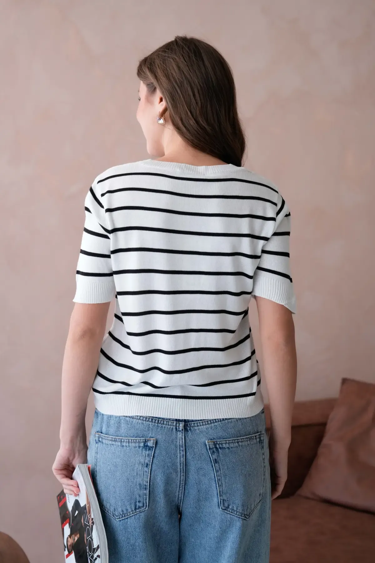 Kadın Bisiklet Yaka Çizgili Triko Kazak 10187.Vsc