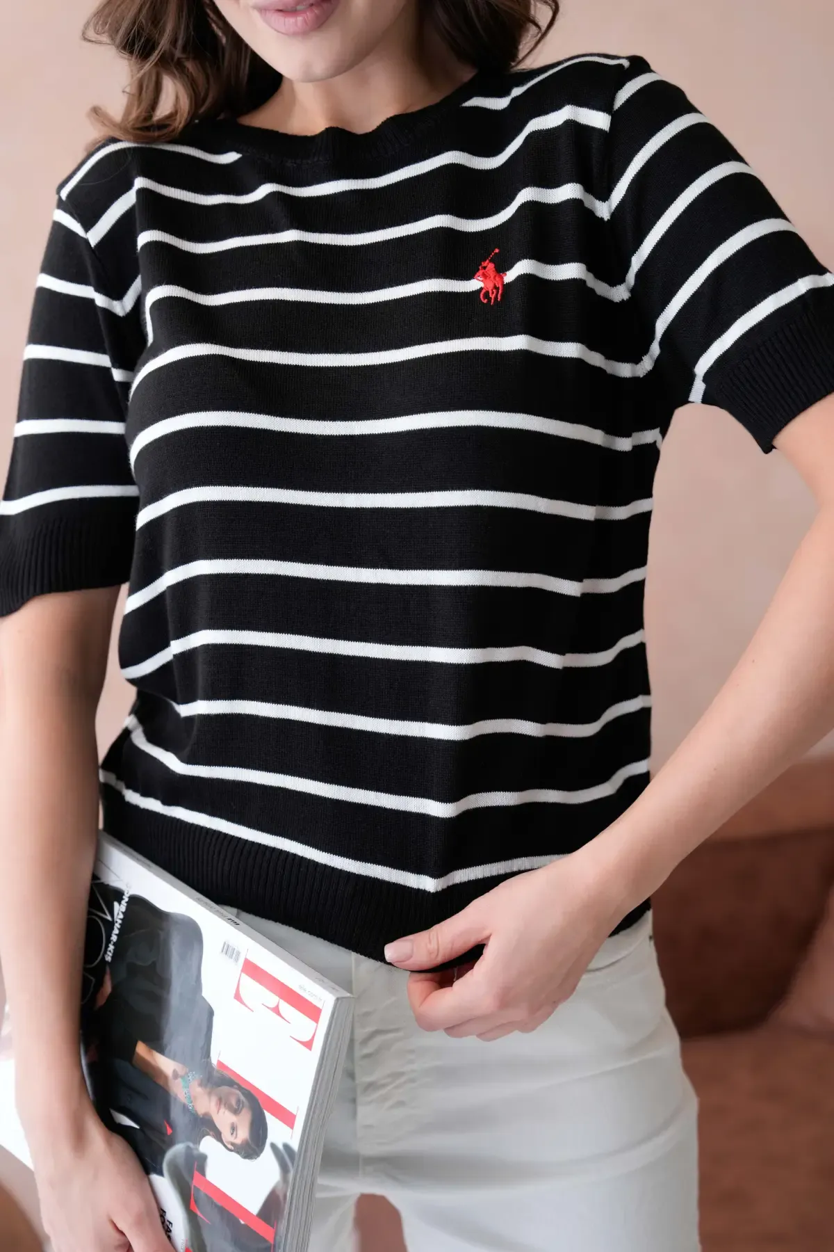 Kadın Bisiklet Yaka Çizgili Triko Kazak 10187.Vsc