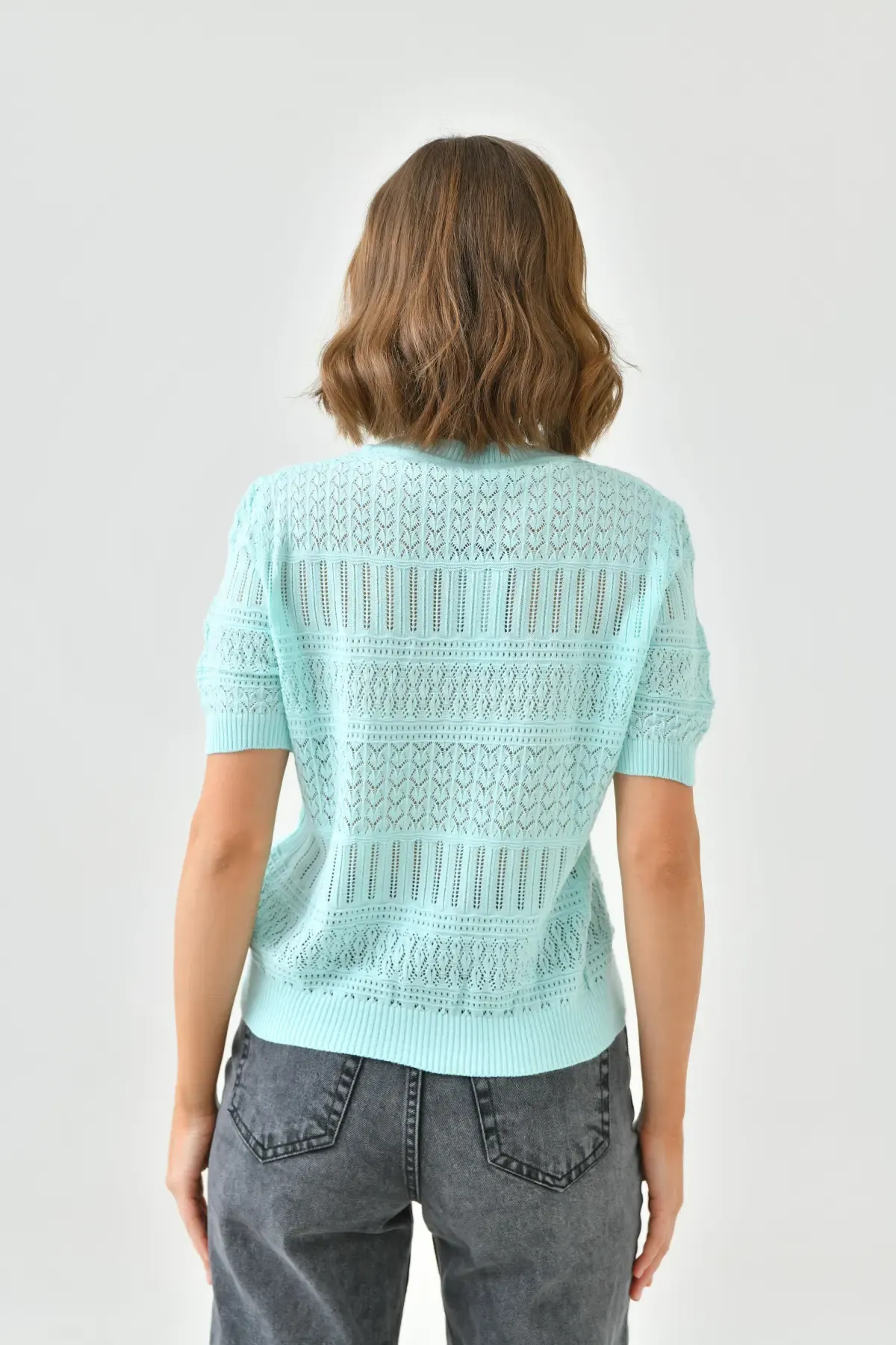 Kadın Bisiklet Yaka Örgü Detay Ajurlu Triko Kazak 10698