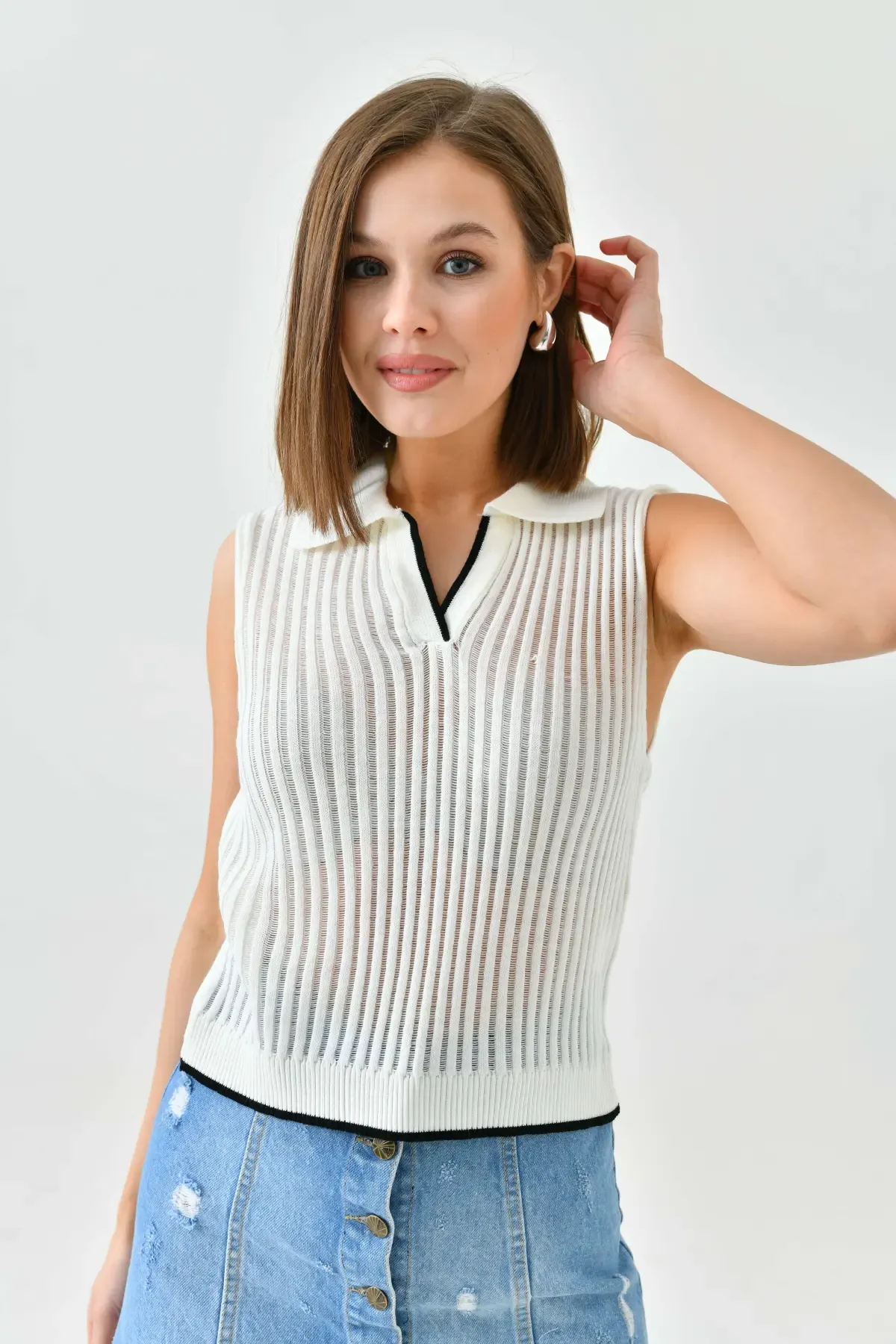 Kadın Polo Yaka Yarım Pat Örgü deta triko Kazak 10704