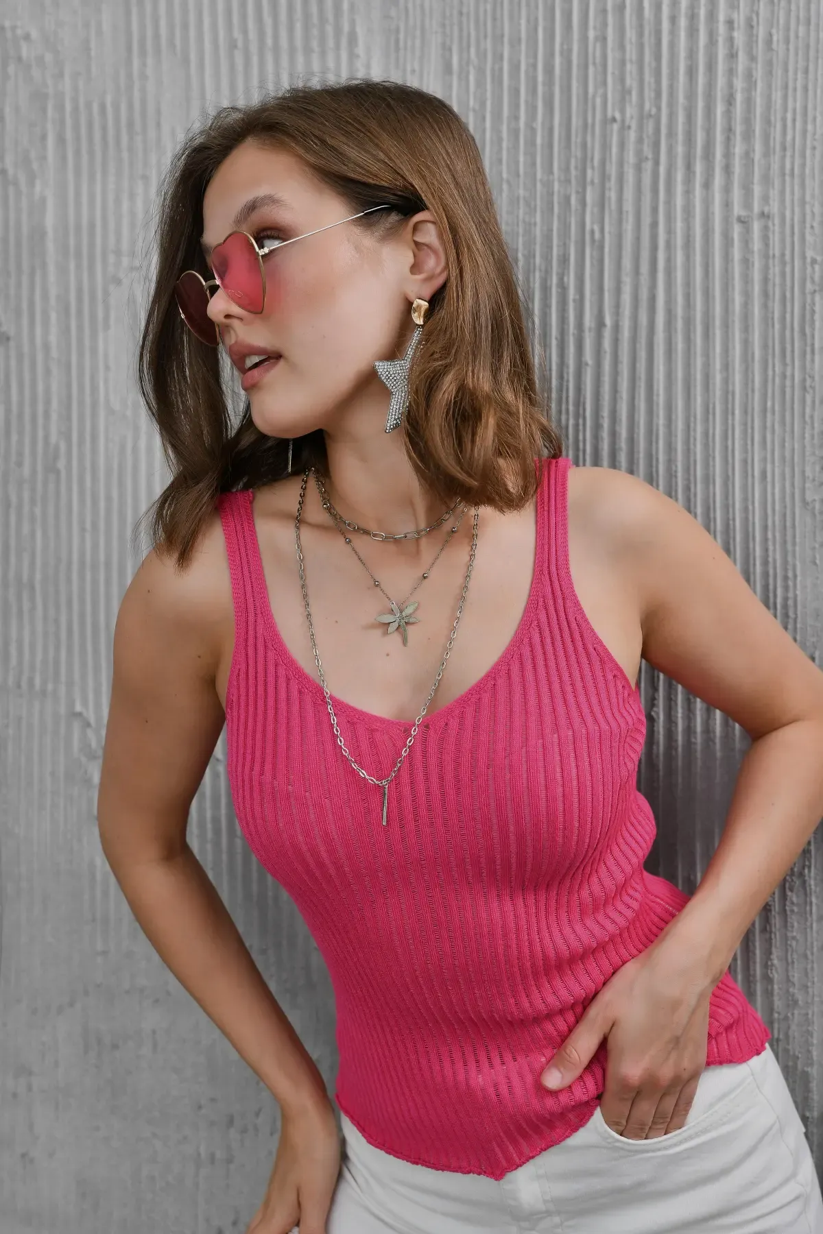 Kadın Asimetrik Yaka Selanik Örgü Askılı Body Bluz 10765 Ctn