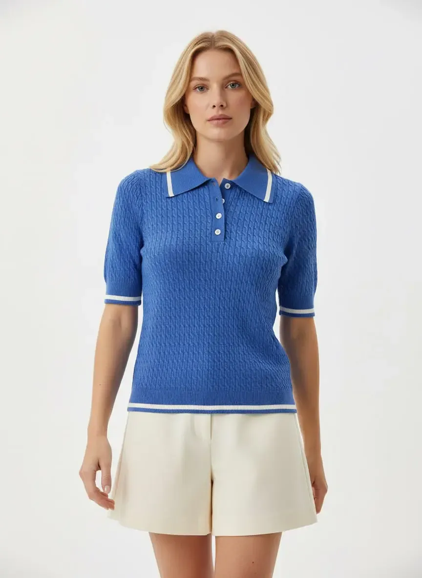 Kadın Polo Yaka Saç Örgü Desenli Triko Kazak 12175.Cpl