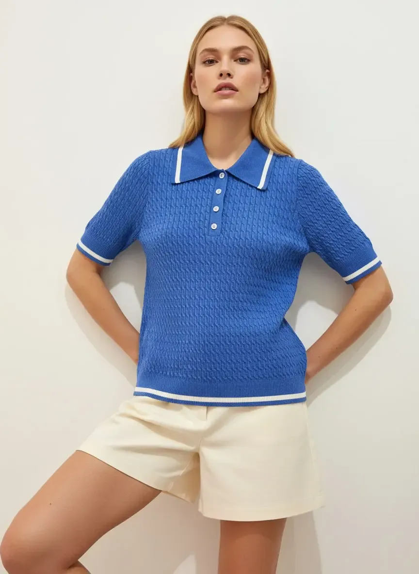 Kadın Polo Yaka Saç Örgü Desenli Triko Kazak 12175.Cpl