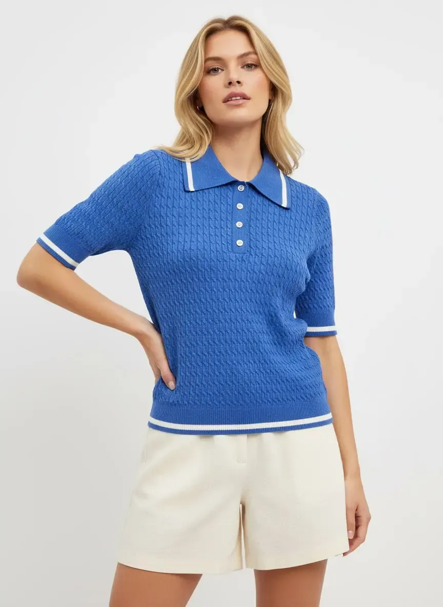 Kadın Polo Yaka Saç Örgü Desenli Triko Kazak 12175.Cpl