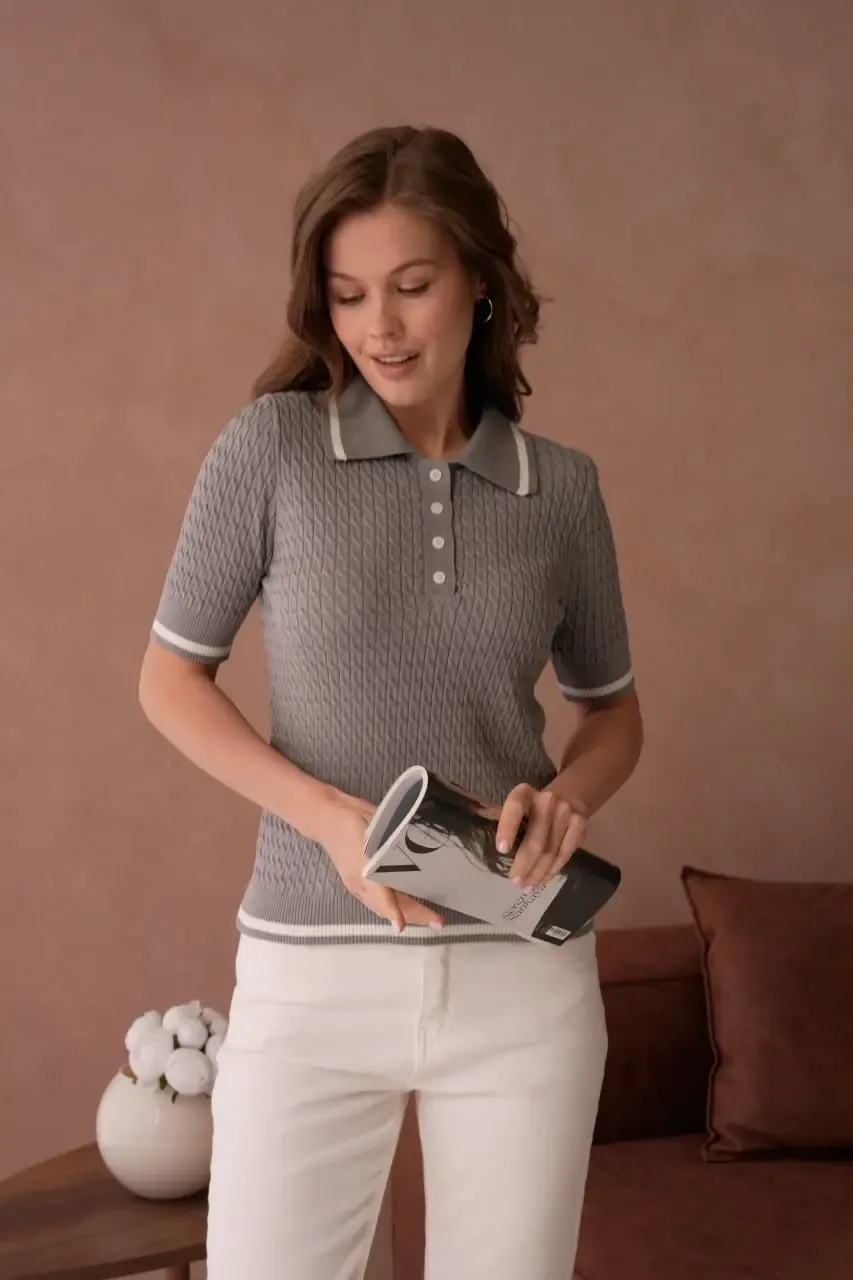 Kadın Polo Yaka Saç Örgü Desenli Triko Kazak 12175.Cpl