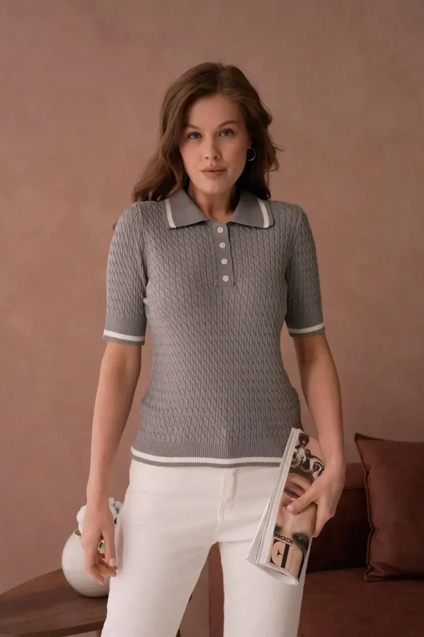 Kadın Polo Yaka Saç Örgü Desenli Triko Kazak 12175.Cpl