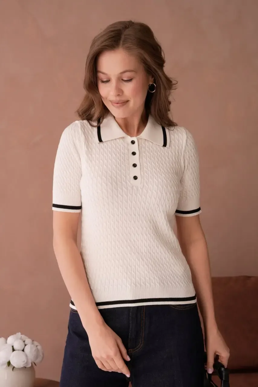 Kadın Polo Yaka Saç Örgü Desenli Triko Kazak 12175.Cpl