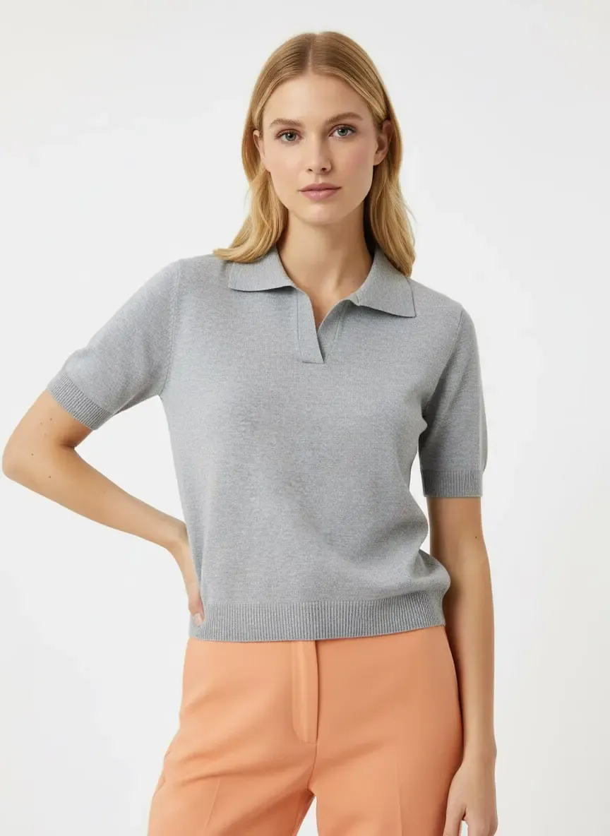 Kadın Polo Yaka Premium İplik Triko Kazak 12179.Crs