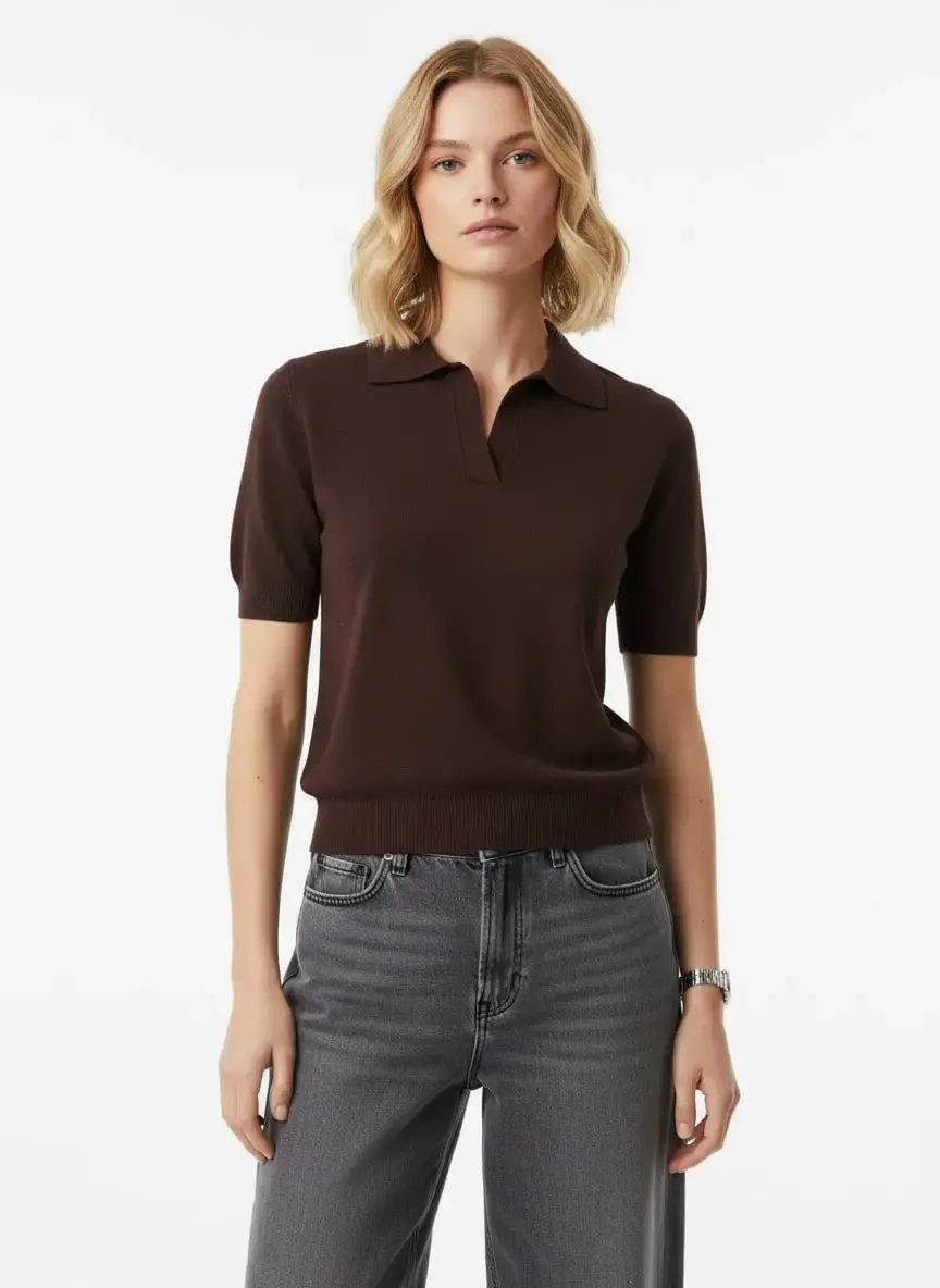 Kadın Polo Yaka Premium İplik Triko Kazak 12179.Crs